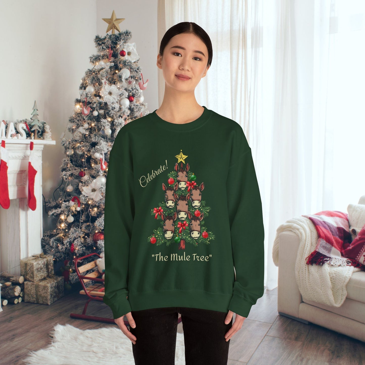 Mule Horse Christmas Sweatshirt Shirt, "Celebrate The Mule Tree", Mules Christmas Tree Shirt - FlooredByArt