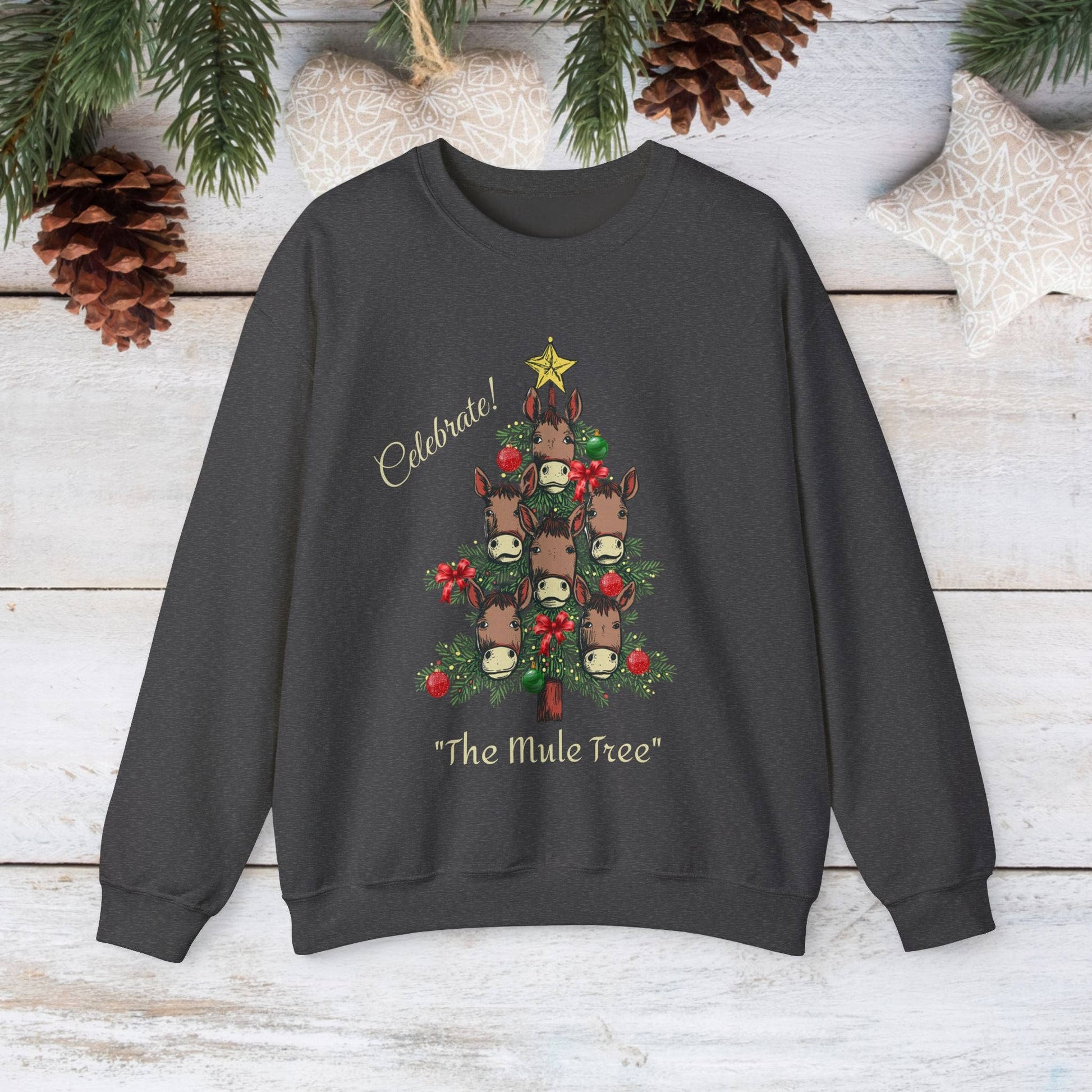 Mule Horse Christmas Sweatshirt Shirt, "Celebrate The Mule Tree", Mules Christmas Tree Shirt - FlooredByArt