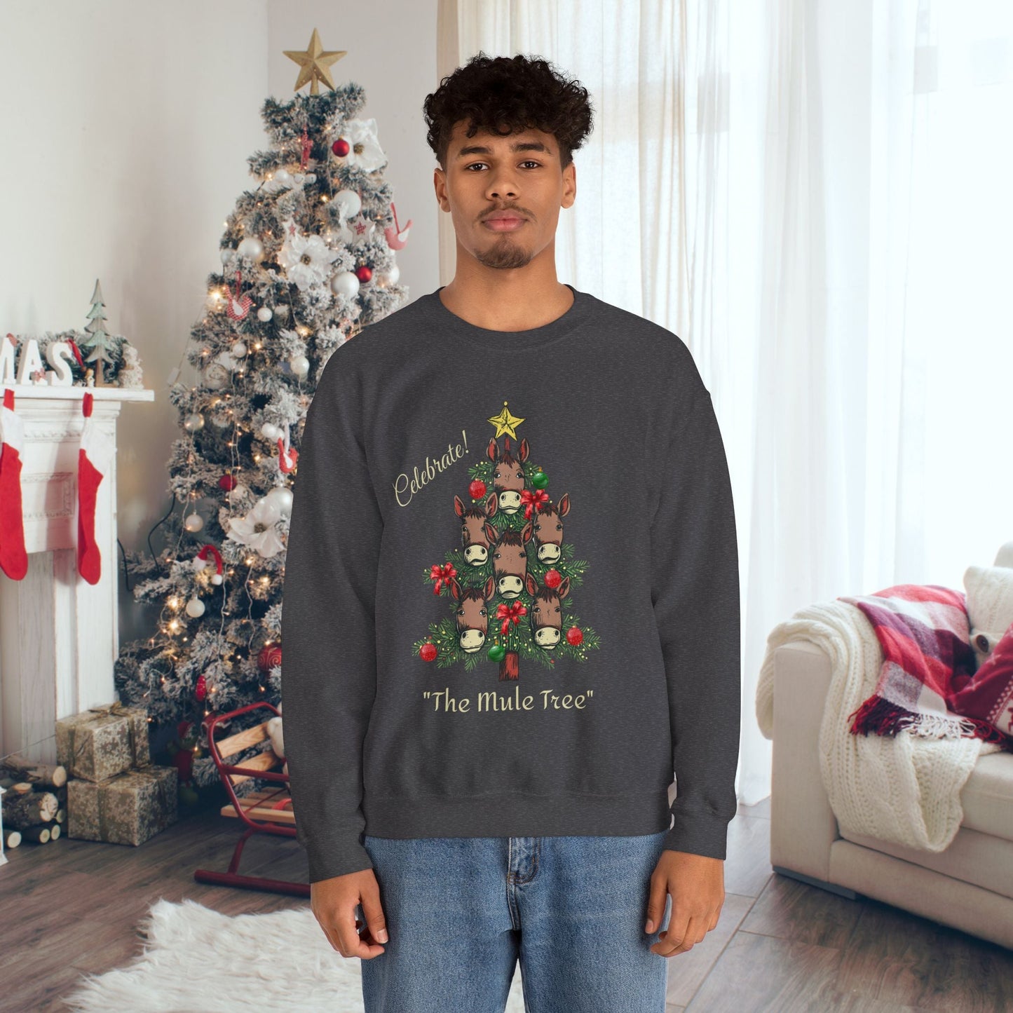 Mule Horse Christmas Sweatshirt Shirt, "Celebrate The Mule Tree", Mules Christmas Tree Shirt - FlooredByArt