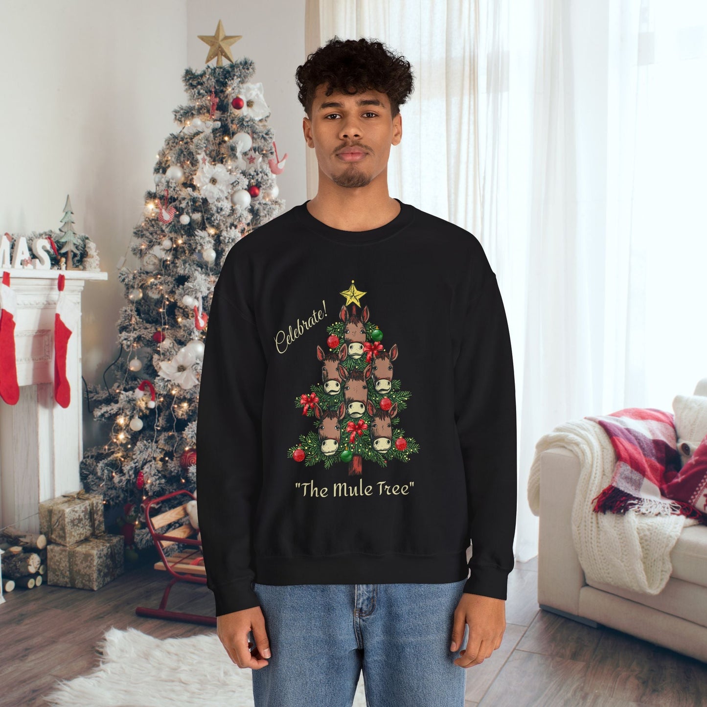 Mule Horse Christmas Sweatshirt Shirt, "Celebrate The Mule Tree", Mules Christmas Tree Shirt - FlooredByArt