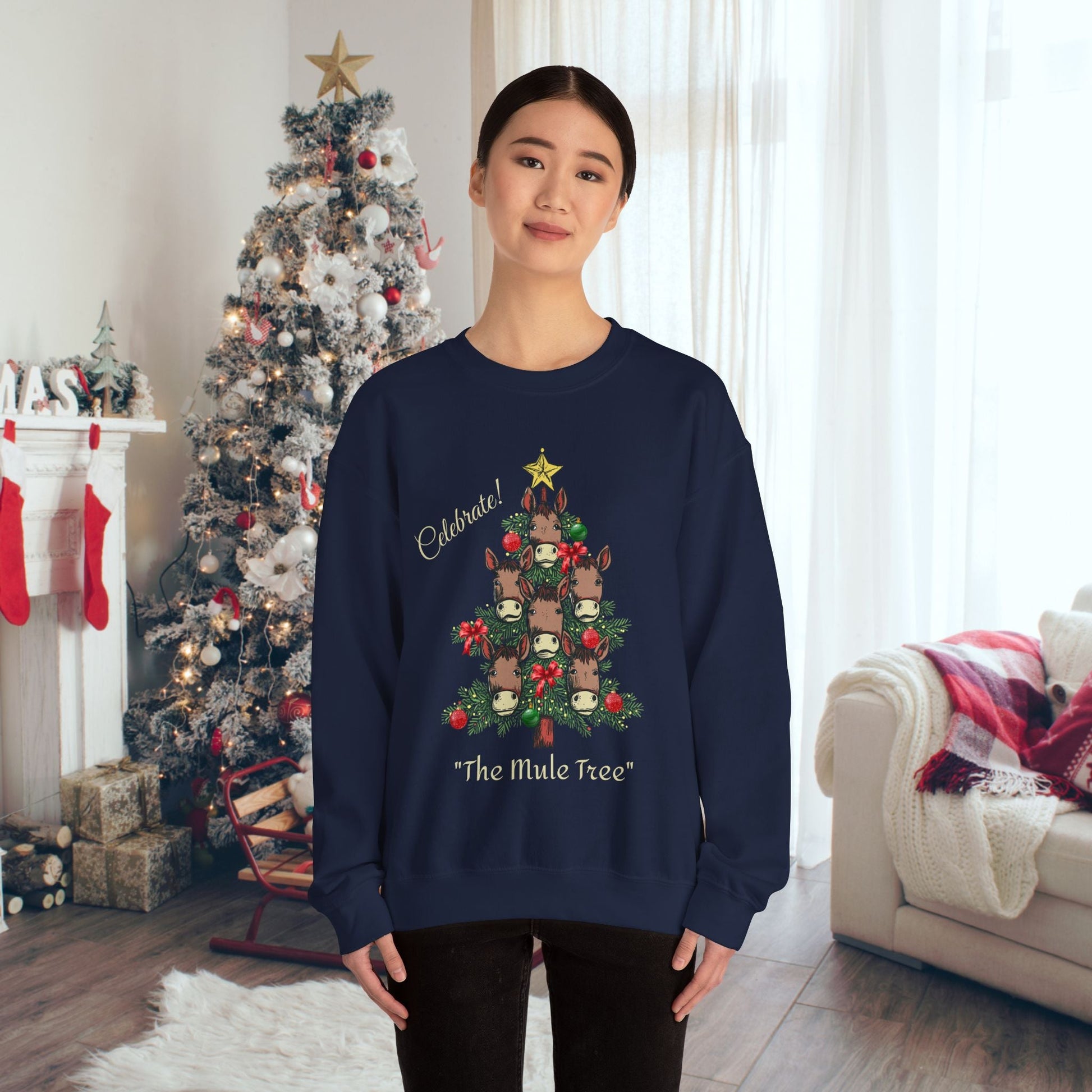 Mule Horse Christmas Sweatshirt Shirt, "Celebrate The Mule Tree", Mules Christmas Tree Shirt - FlooredByArt