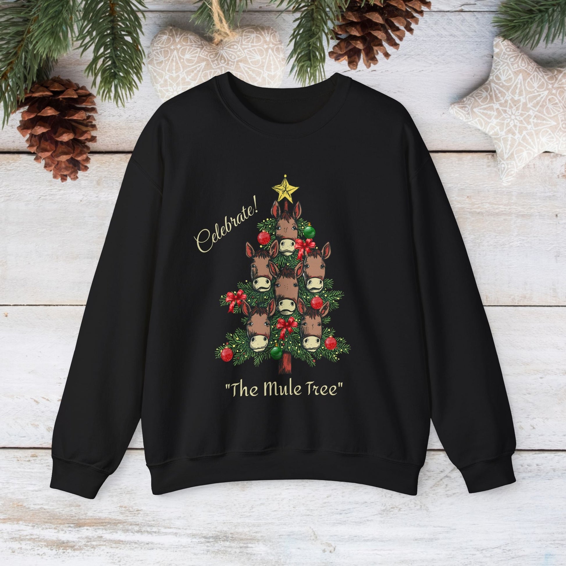 Mule Horse Christmas Sweatshirt Shirt, "Celebrate The Mule Tree", Mules Christmas Tree Shirt - FlooredByArt