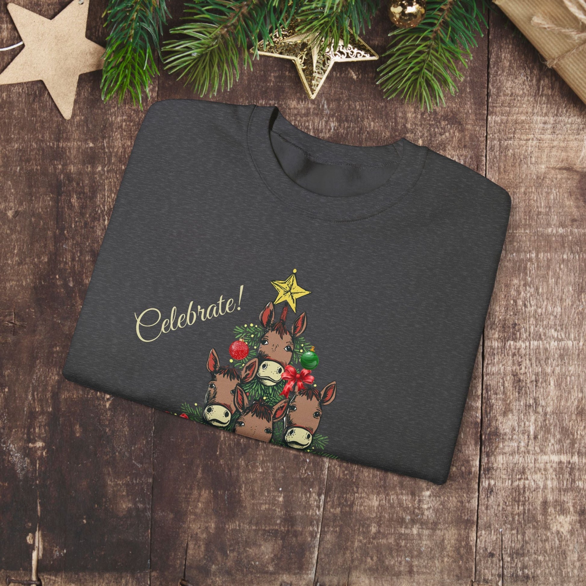 Mule Horse Christmas Sweatshirt Shirt, "Celebrate The Mule Tree", Mules Christmas Tree Shirt - FlooredByArt