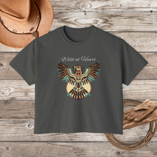 Native American Comfort Color Crop T-Shirt, Thunderbird Art Tee Shirt, "Wild at Heart" - FlooredByArt