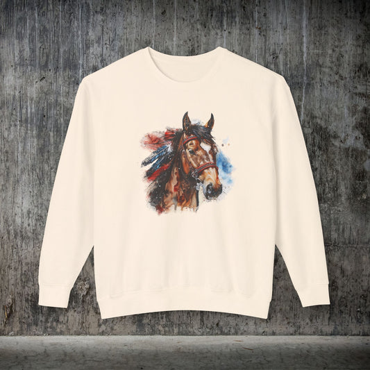 Native American Horse Sweatshirt, Comfort Color LIGHTWEIGHT, Native Style Spirit Horse With Feathers - FlooredByArt
