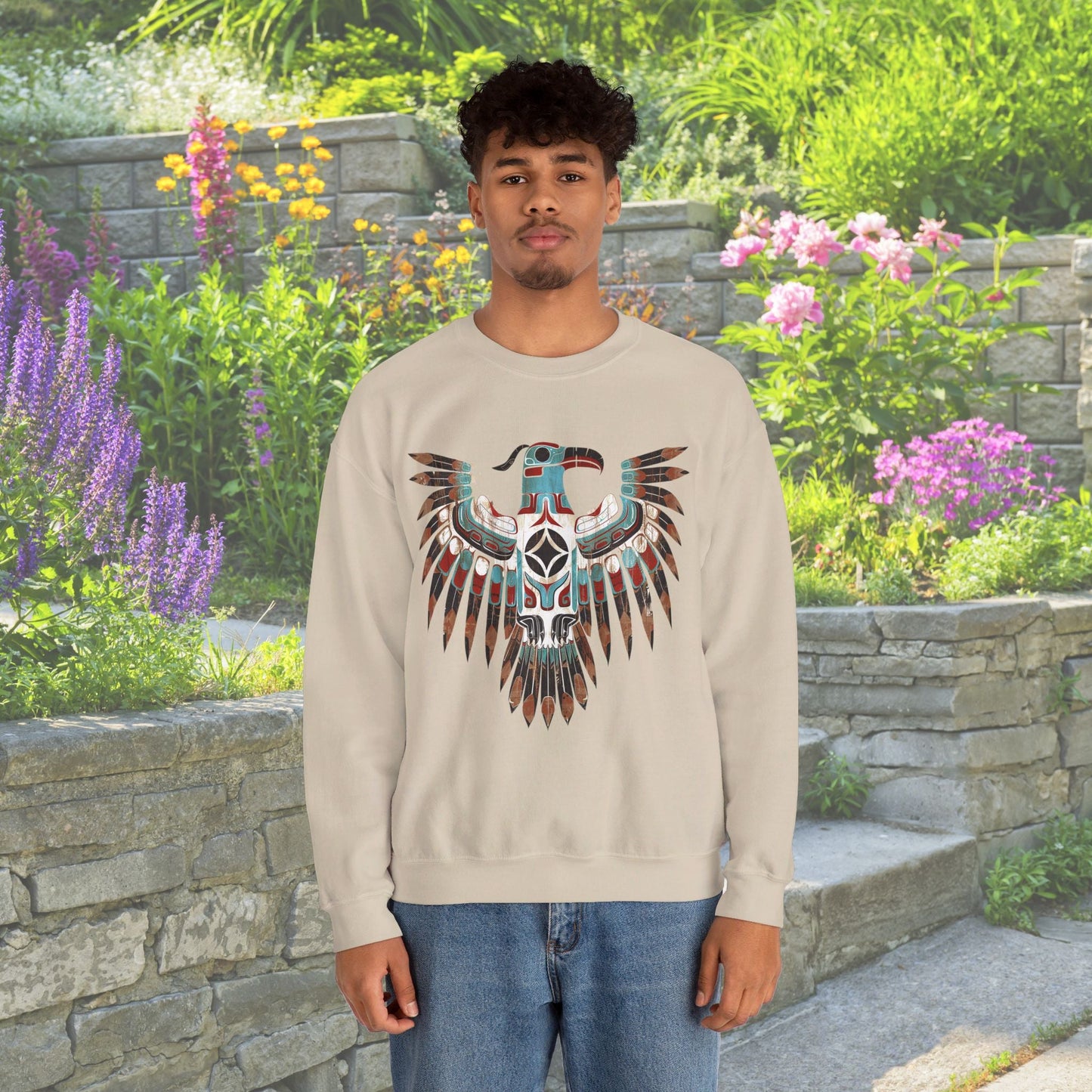 Native American Sweatshirt, Thunderbird Art Shirt, Indigenous Art, Hiking Sweat - FlooredByArt