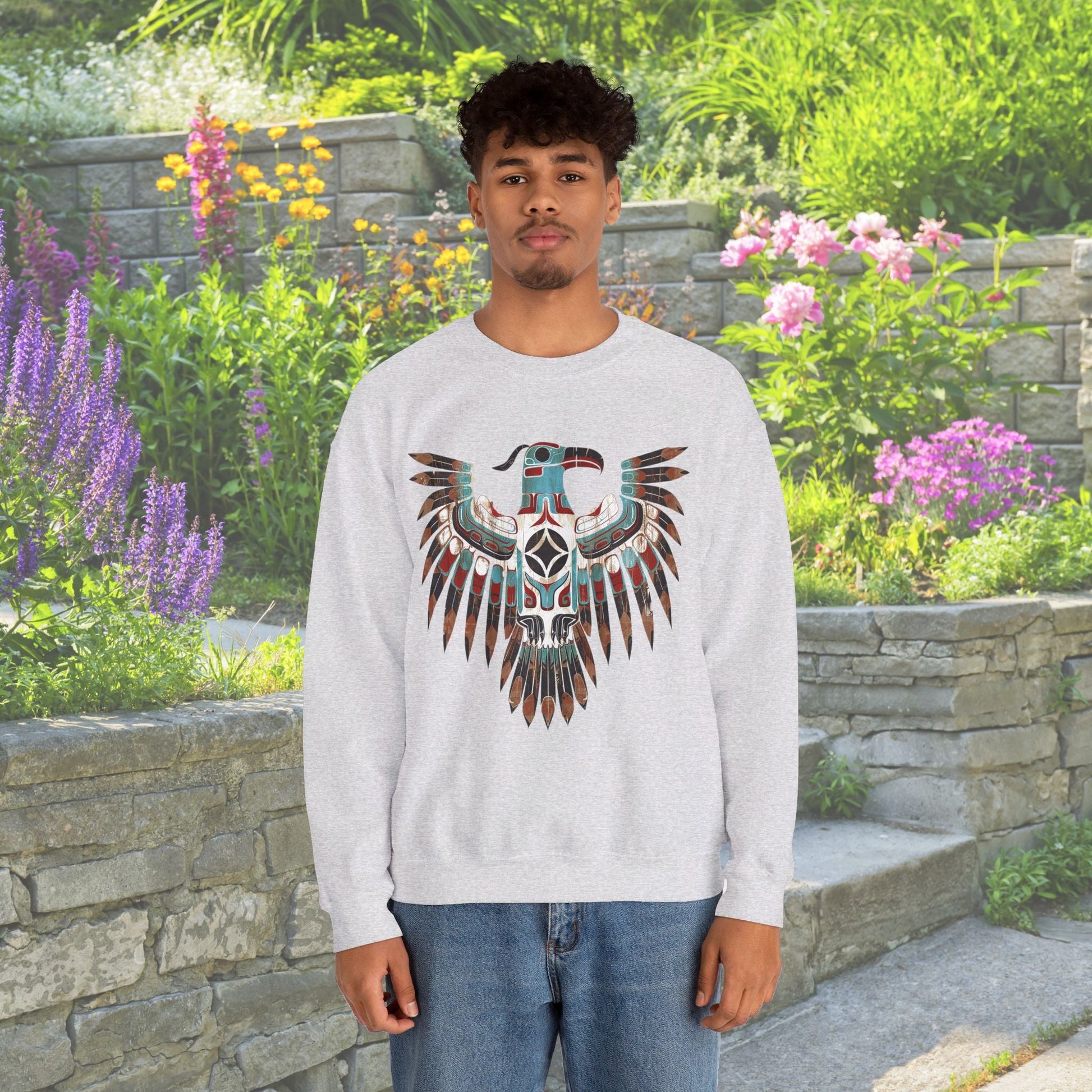 Native American Sweatshirt, Thunderbird Art Shirt, Indigenous Art, Hiking Sweat - FlooredByArt