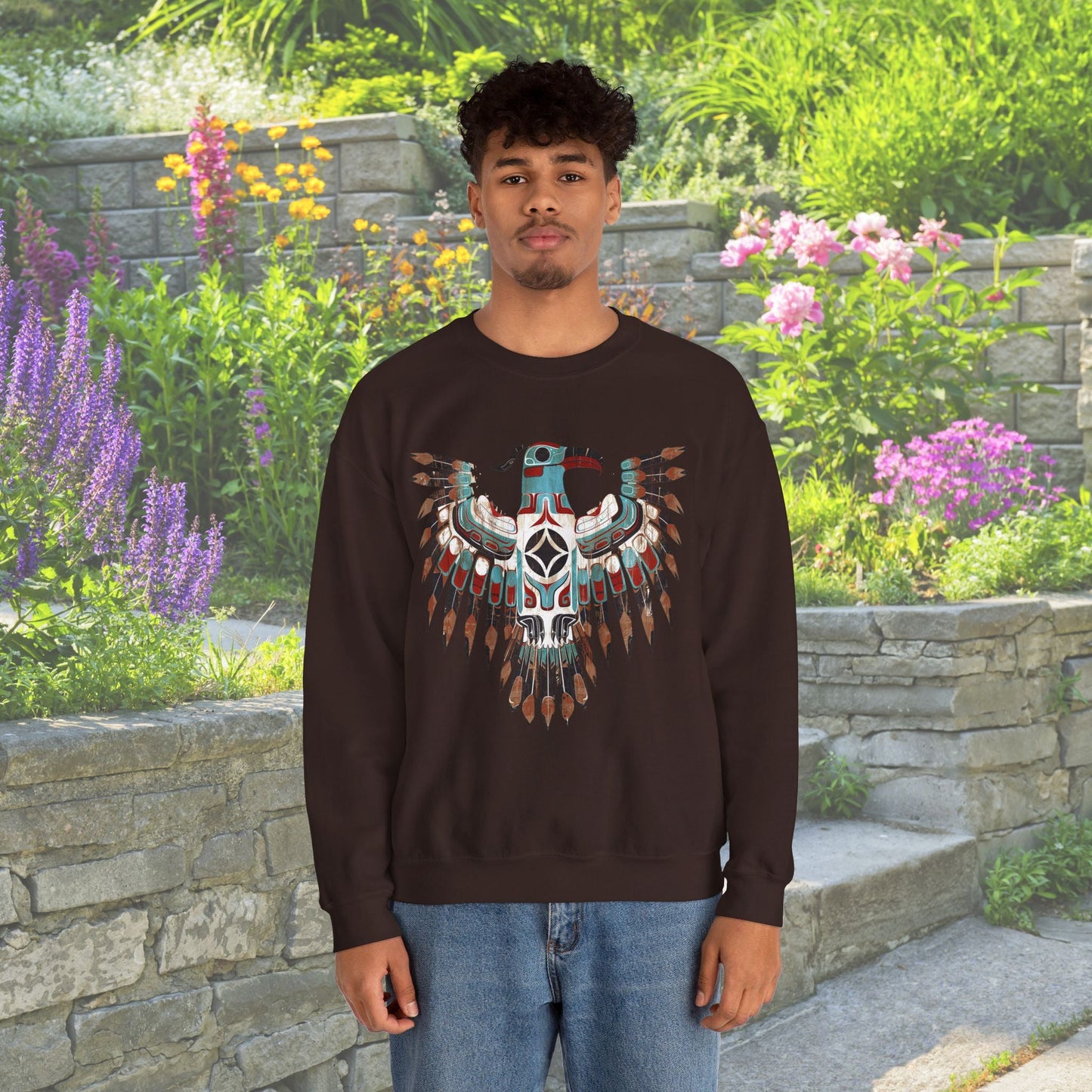 Native American Sweatshirt, Thunderbird Art Shirt, Indigenous Art, Hiking Sweat - FlooredByArt