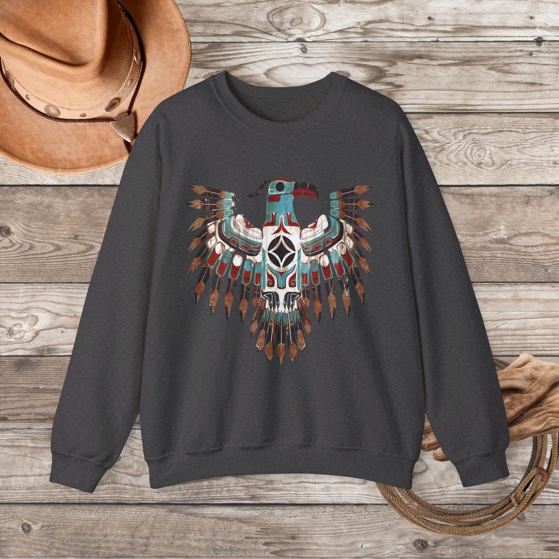 Native American Sweatshirt, Thunderbird Art Shirt, Indigenous Art, Hiking Sweat - FlooredByArt