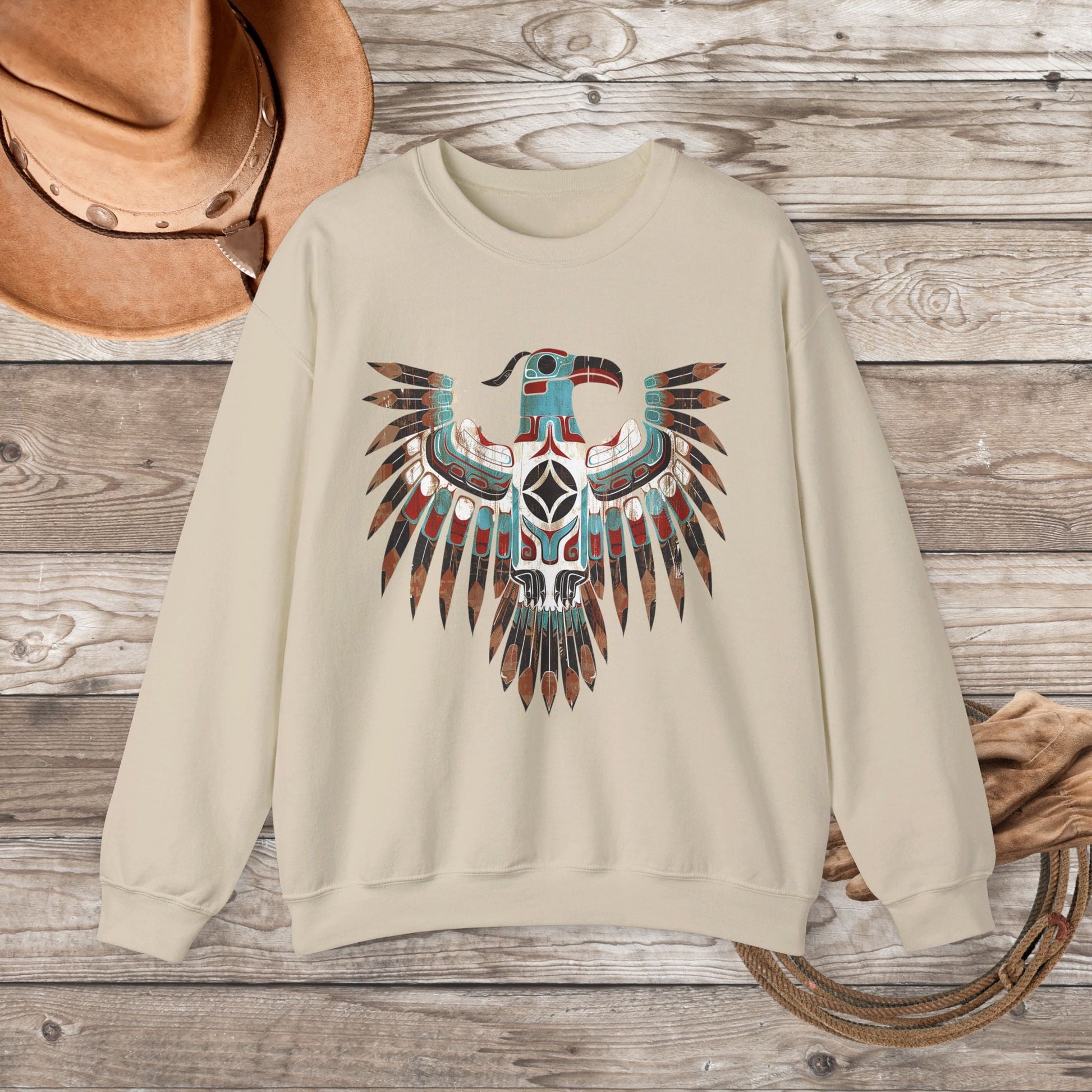 Native American Sweatshirt, Thunderbird Art Shirt, Indigenous Art, Hiking Sweat - FlooredByArt