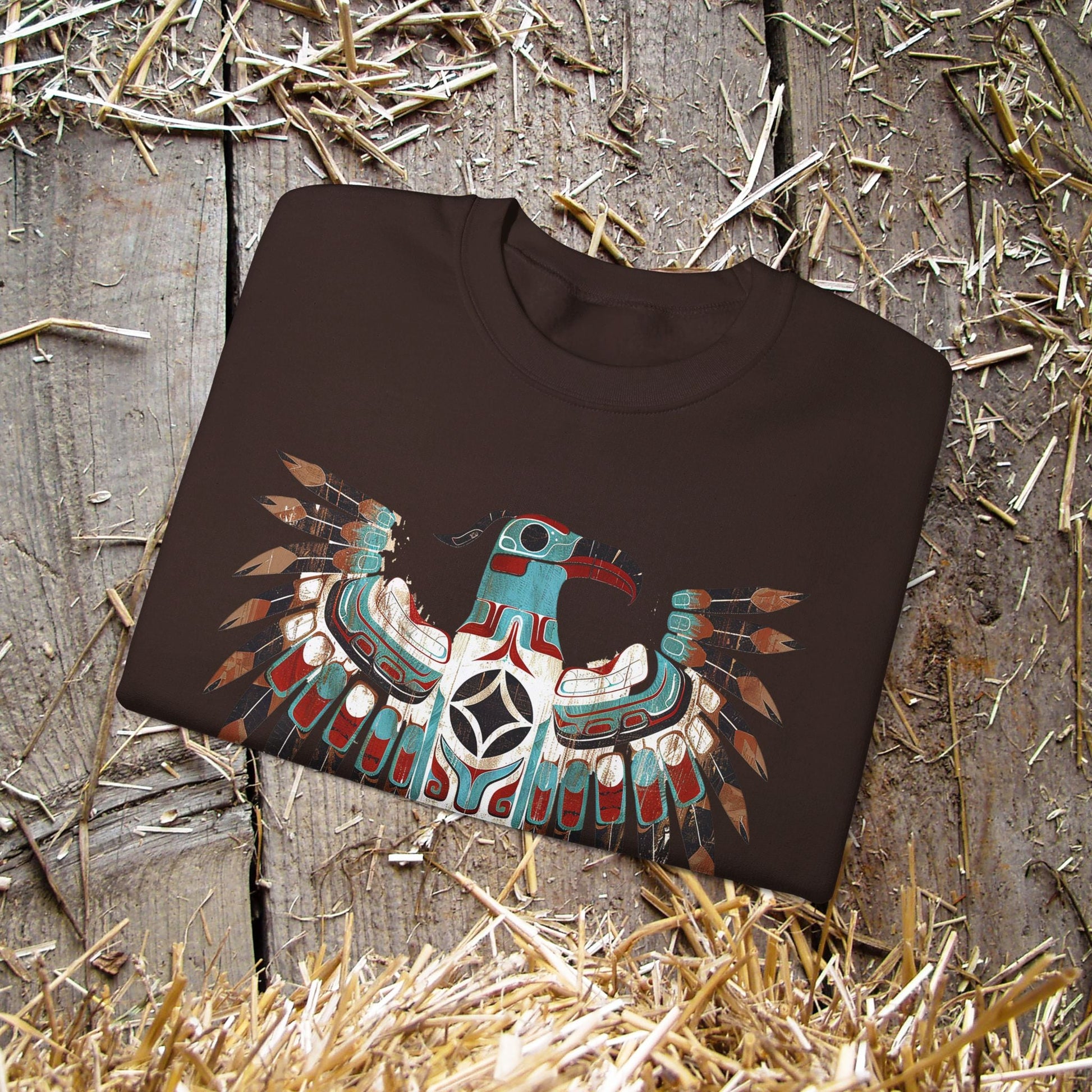 Native American Sweatshirt, Thunderbird Art Shirt, Indigenous Art, Hiking Sweat - FlooredByArt