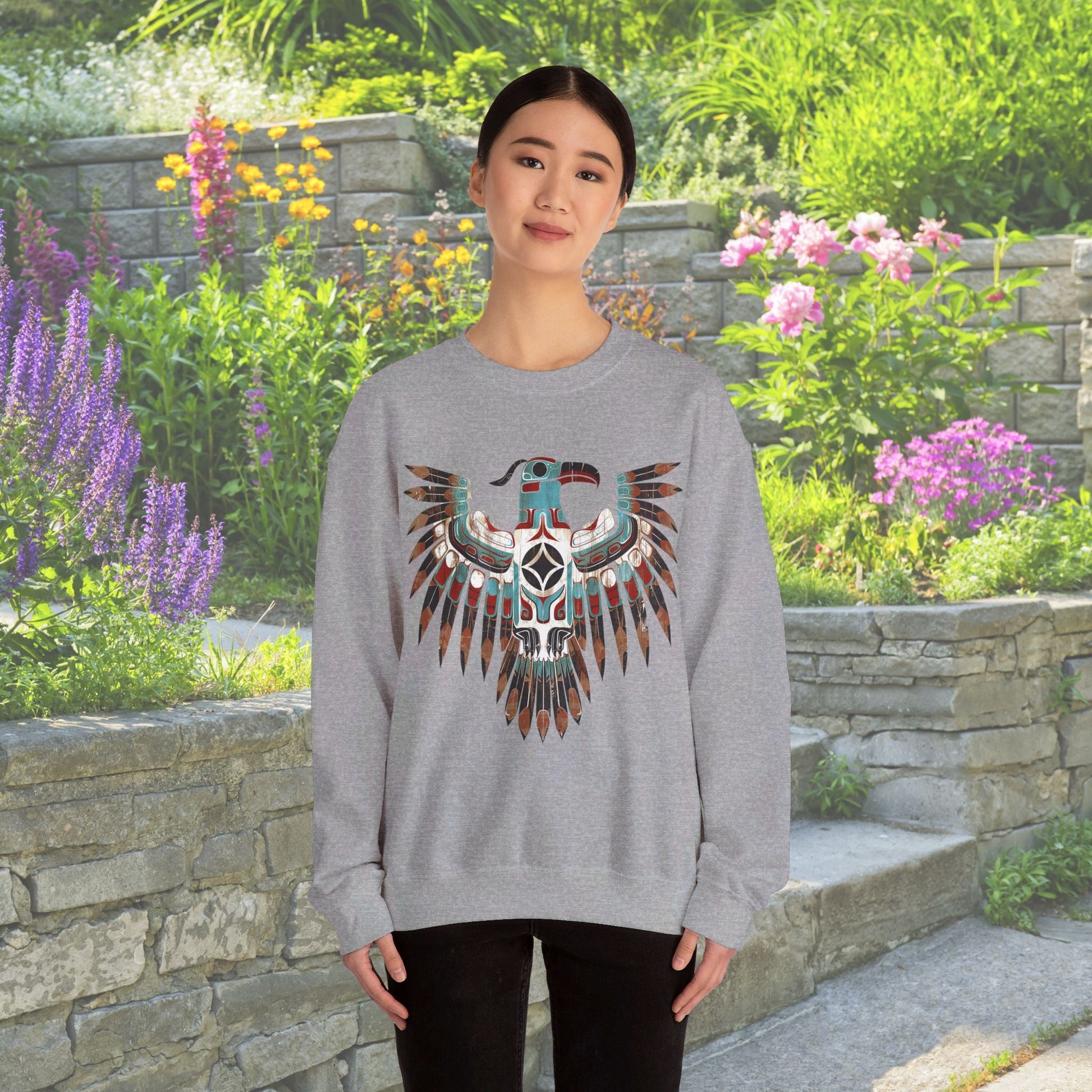 Native American Sweatshirt, Thunderbird Art Shirt, Indigenous Art, Hiking Sweat - FlooredByArt