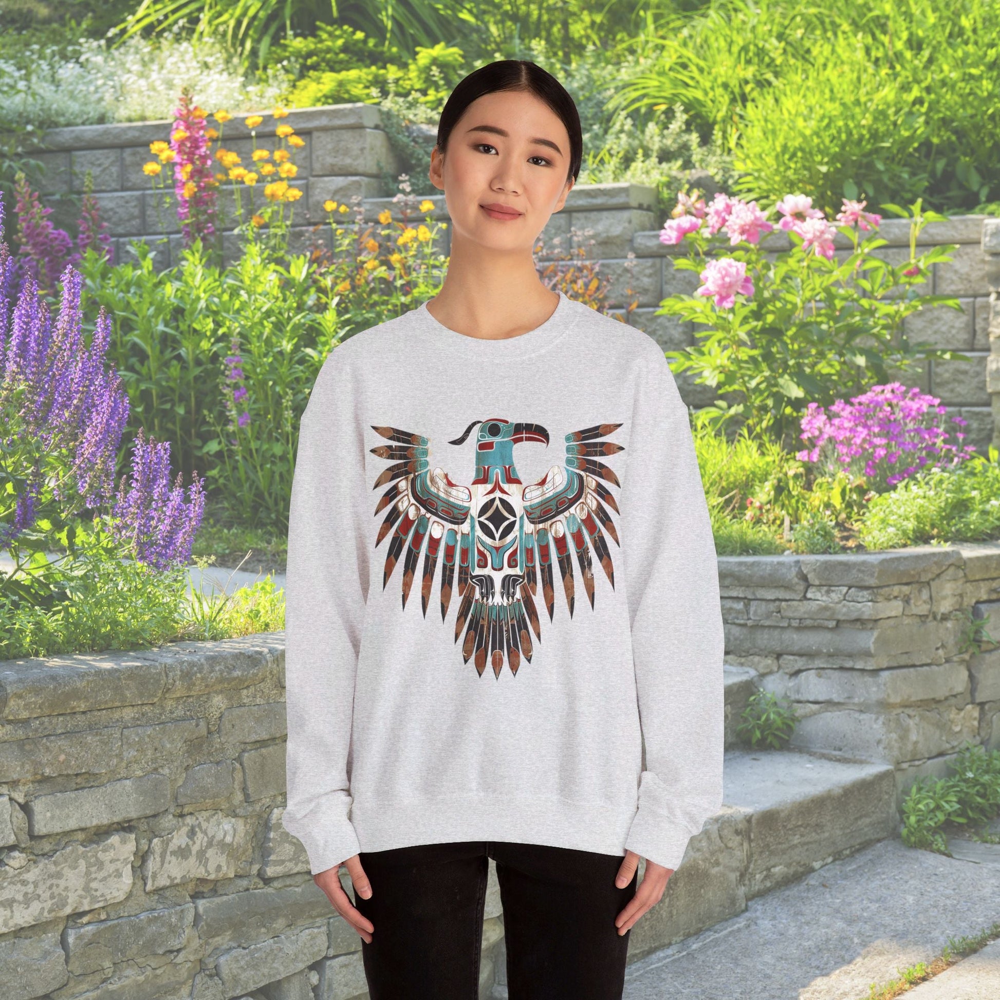 Native American Sweatshirt, Thunderbird Art Shirt, Indigenous Art, Hiking Sweat - FlooredByArt