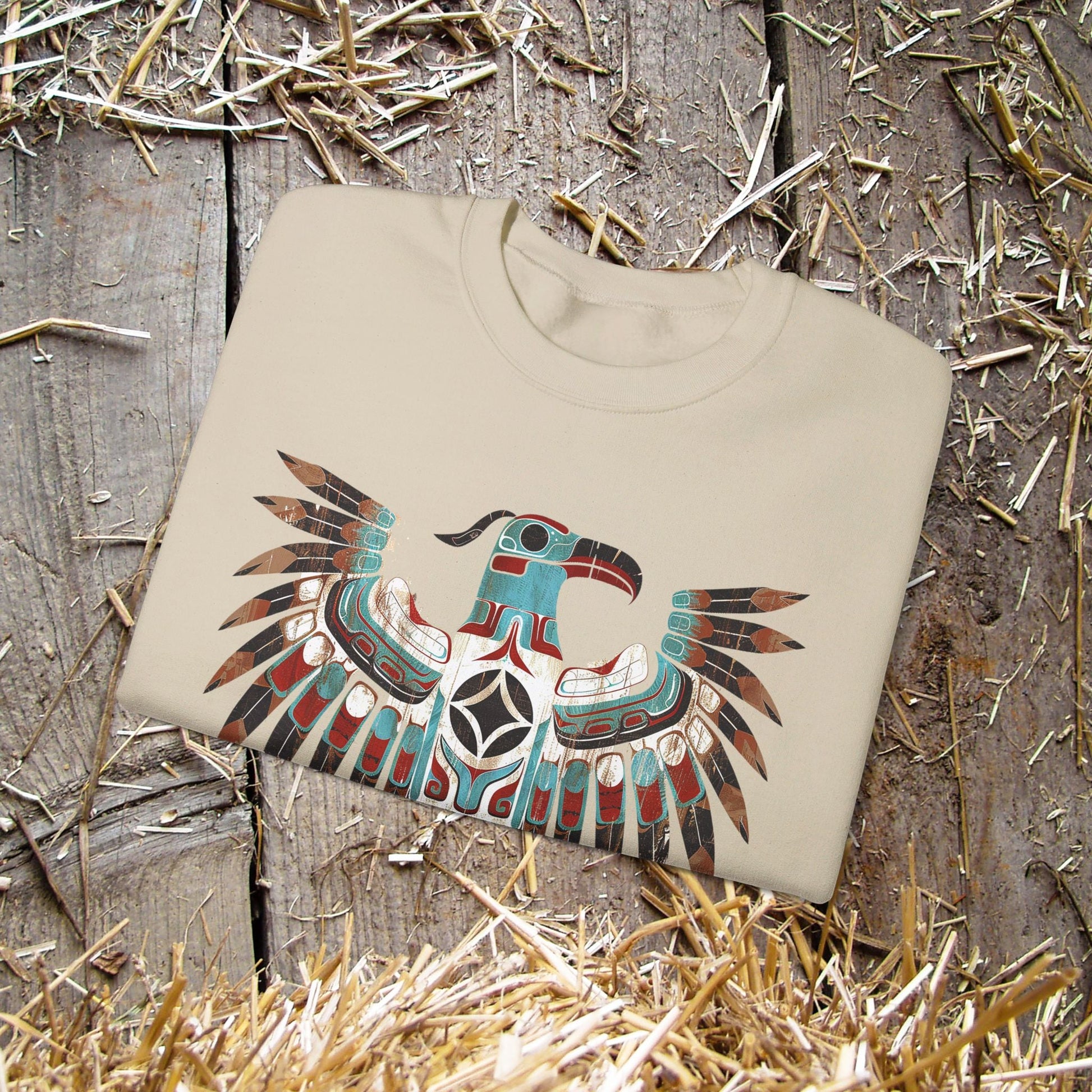 Native American Sweatshirt, Thunderbird Art Shirt, Indigenous Art, Hiking Sweat - FlooredByArt