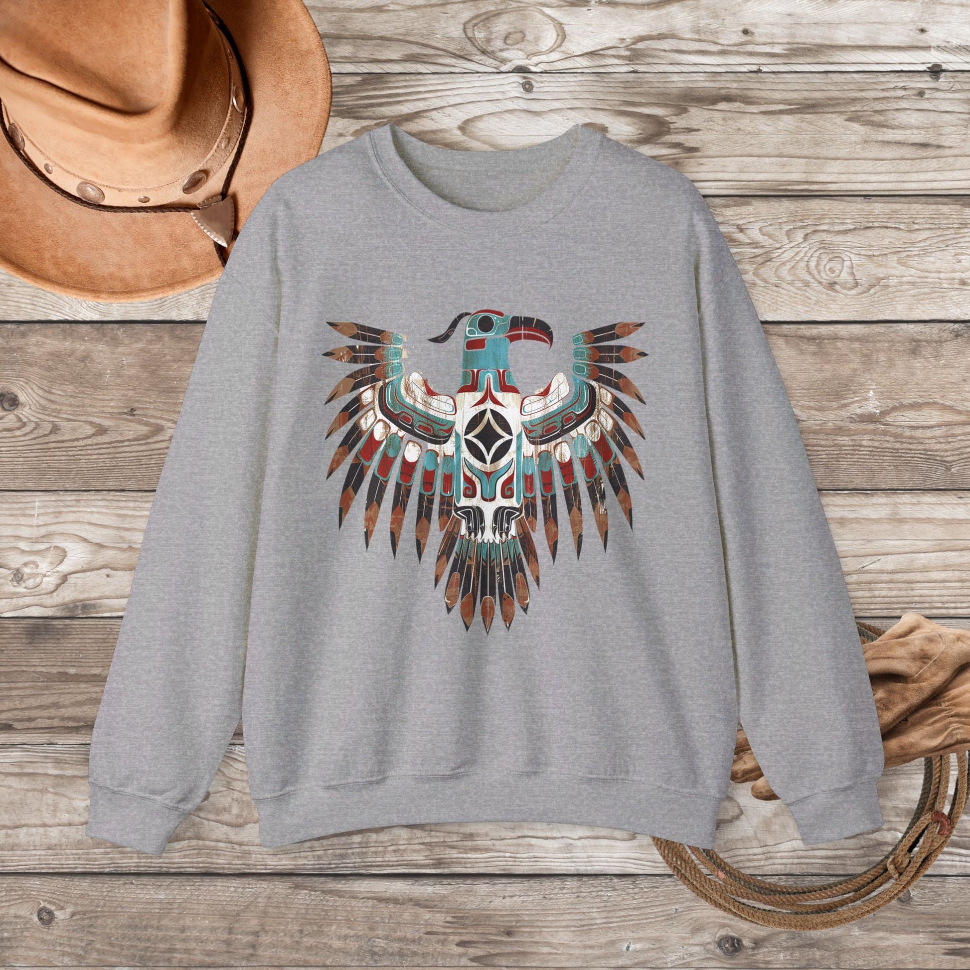 Native American Sweatshirt, Thunderbird Art Shirt, Indigenous Art, Hiking Sweat - FlooredByArt