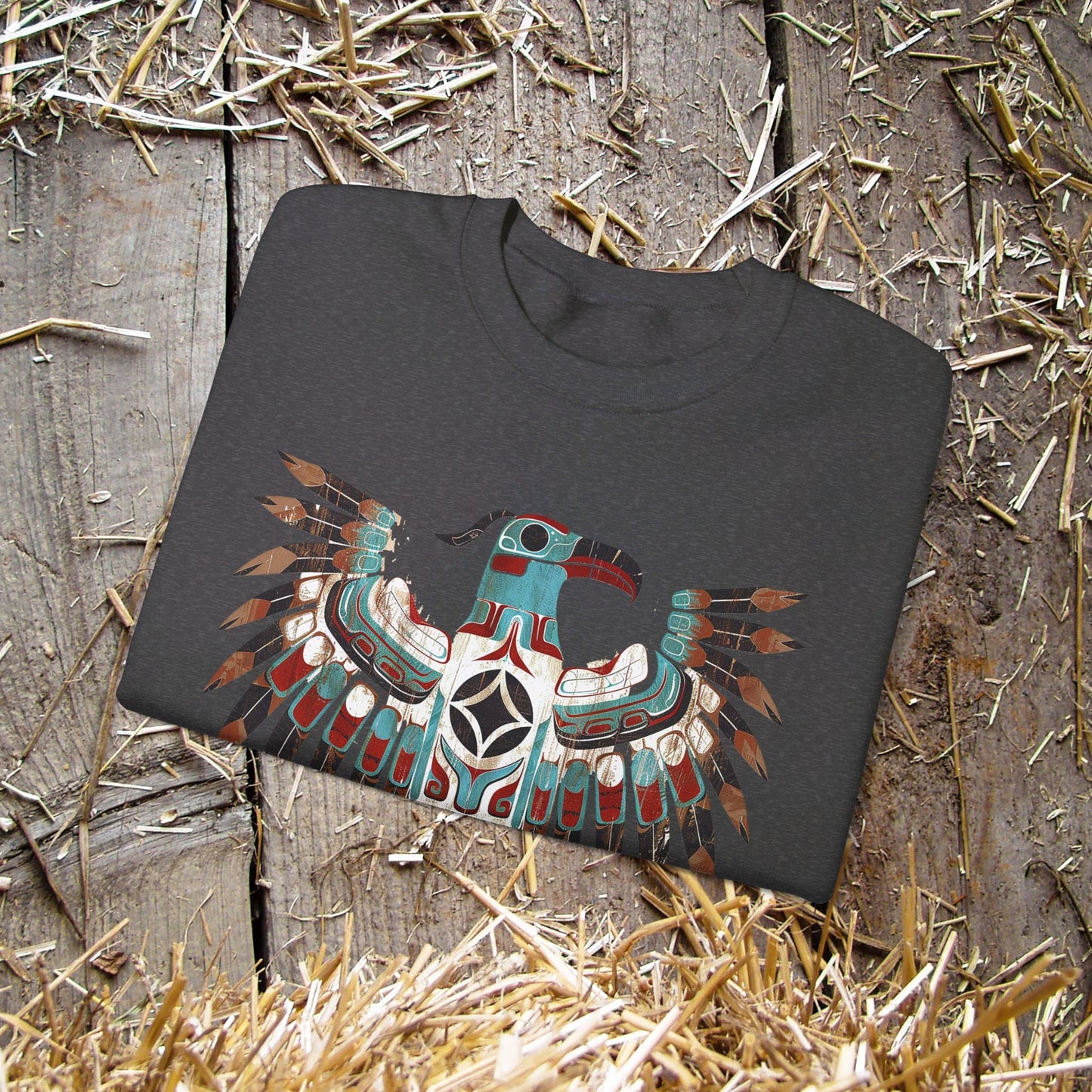 Native American Sweatshirt, Thunderbird Art Shirt, Indigenous Art, Hiking Sweat - FlooredByArt