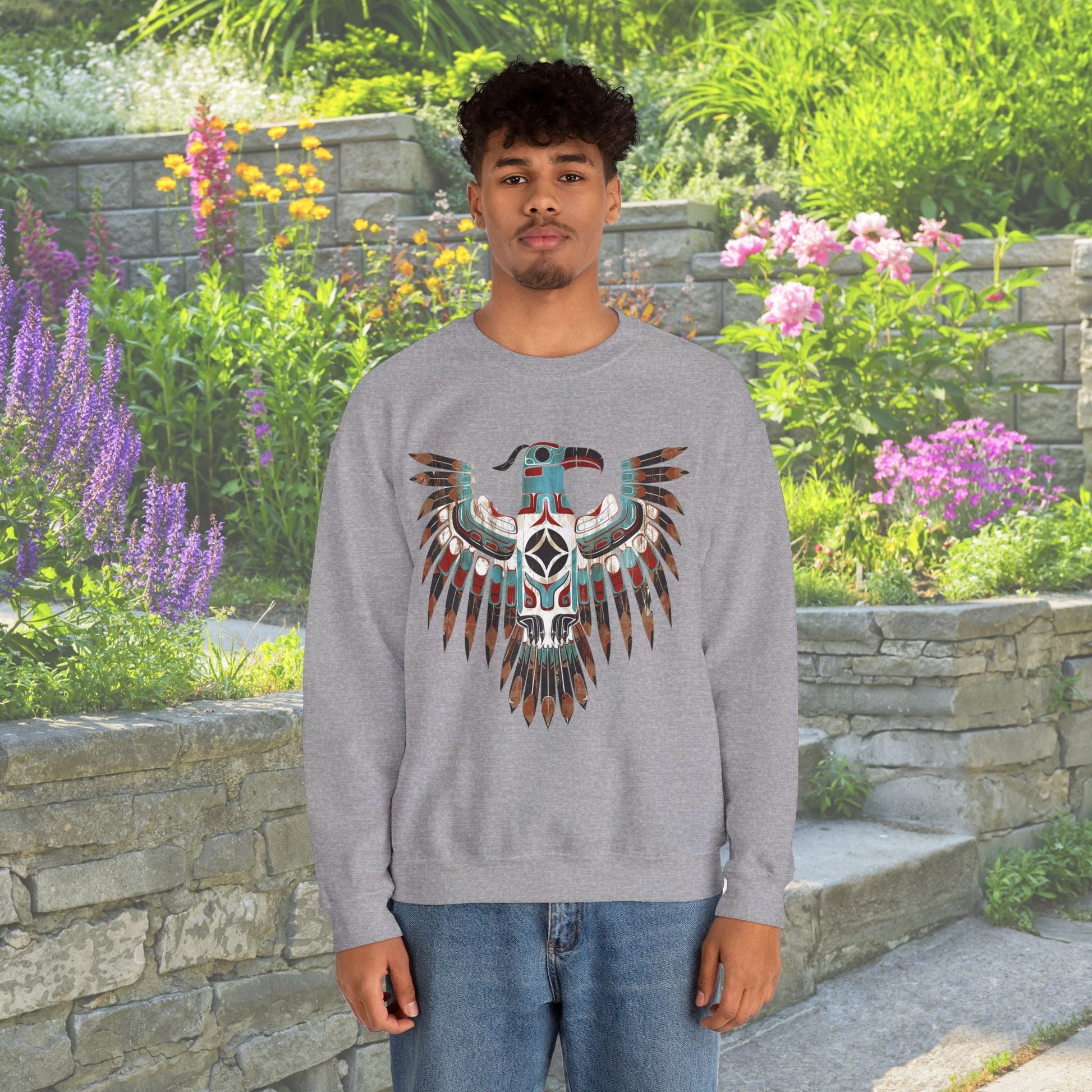 Native American Sweatshirt, Thunderbird Art Shirt, Indigenous Art, Hiking Sweat - FlooredByArt