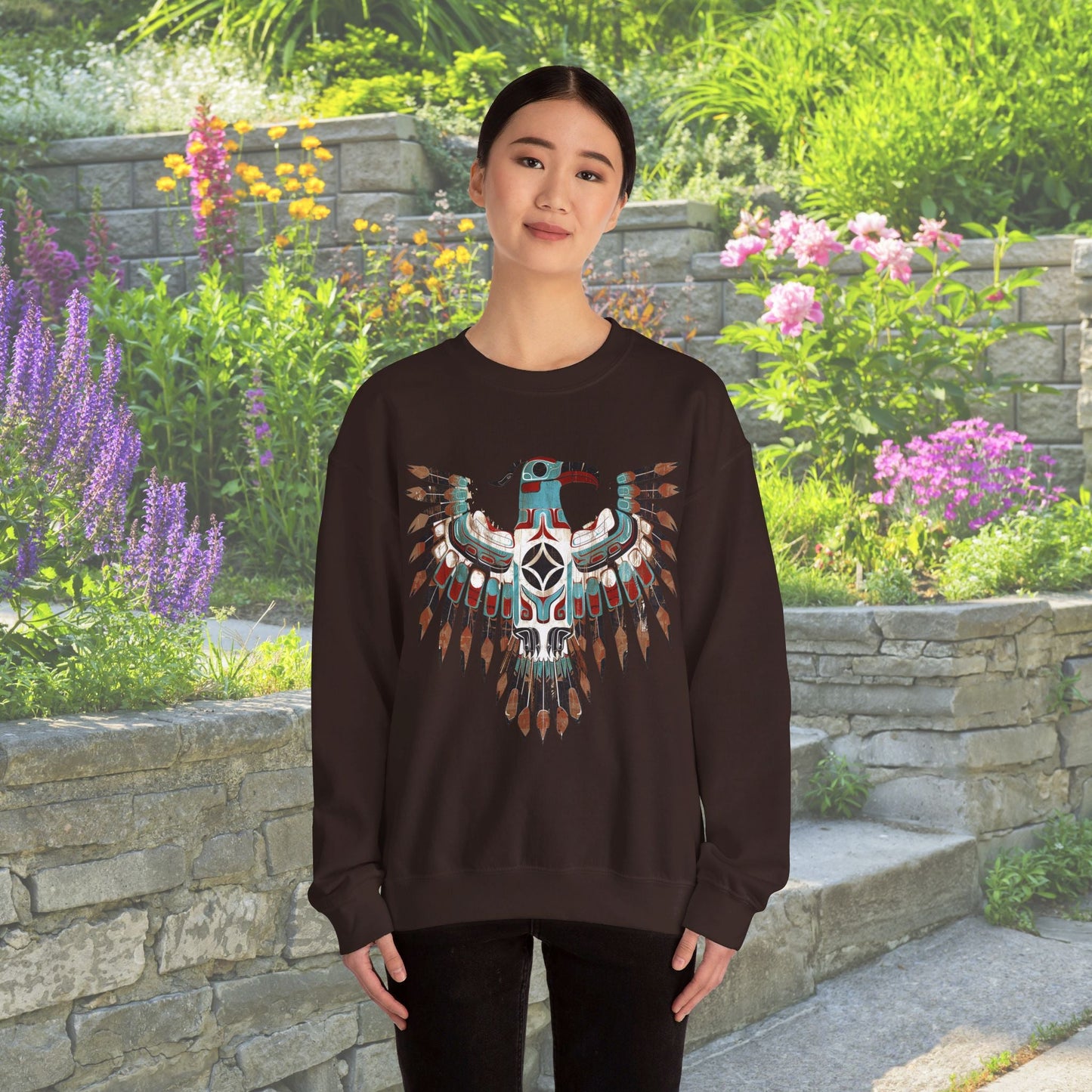 Native American Sweatshirt, Thunderbird Art Shirt, Indigenous Art, Hiking Sweat - FlooredByArt