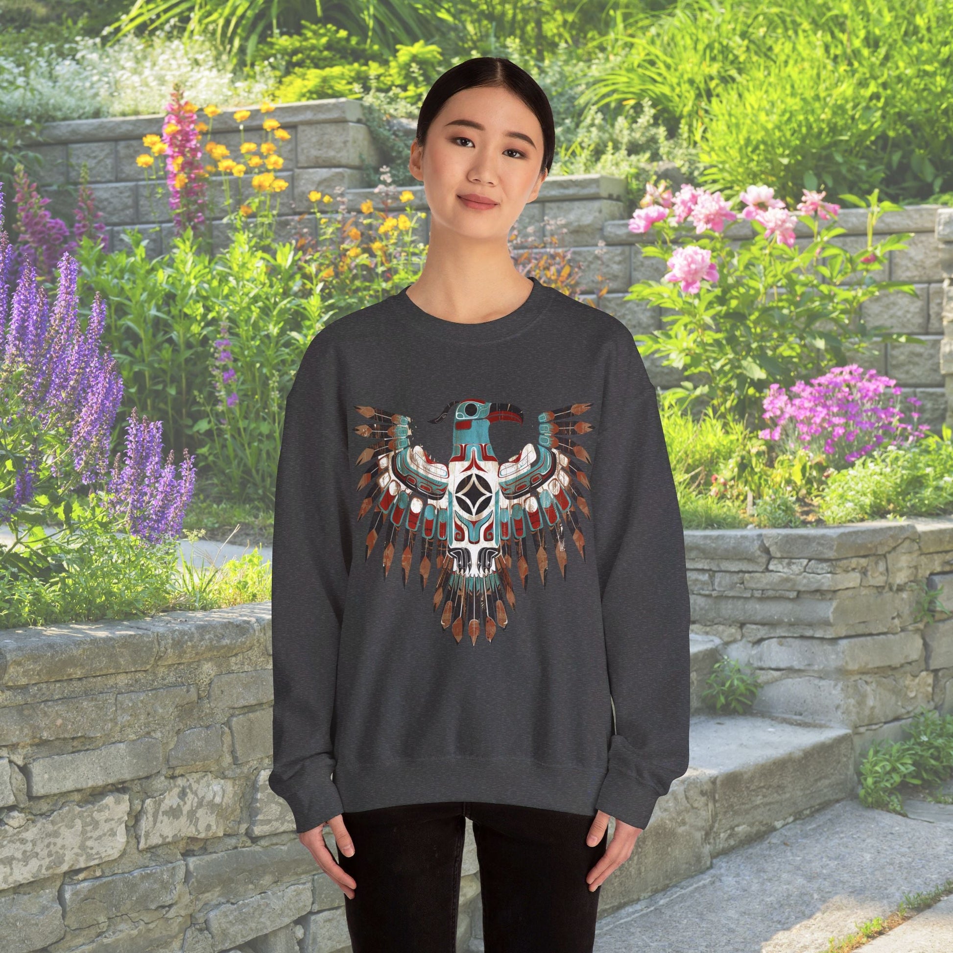 Native American Sweatshirt, Thunderbird Art Shirt, Indigenous Art, Hiking Sweat - FlooredByArt