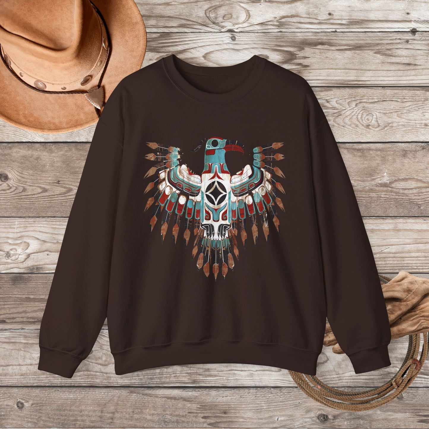 Native American Sweatshirt, Thunderbird Art Shirt, Indigenous Art, Hiking Sweat - FlooredByArt