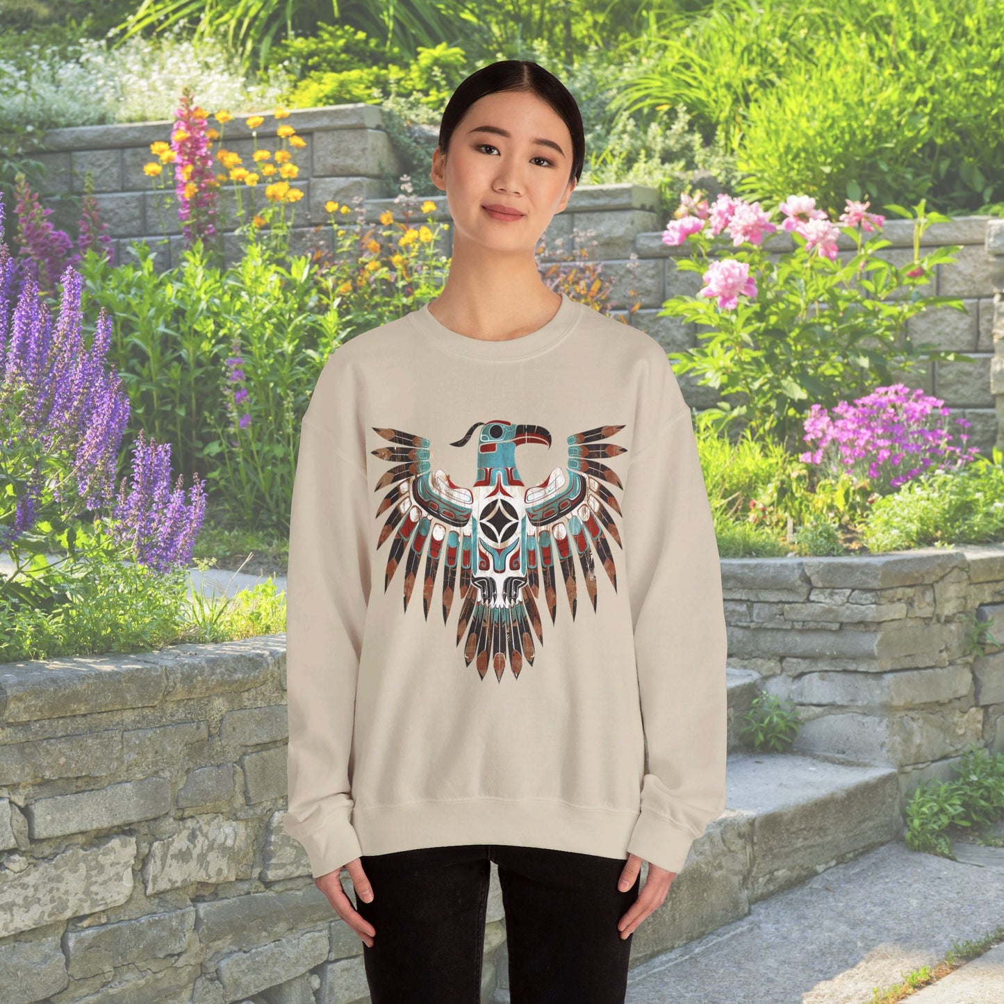 Native American Sweatshirt, Thunderbird Art Shirt, Indigenous Art, Hiking Sweat - FlooredByArt