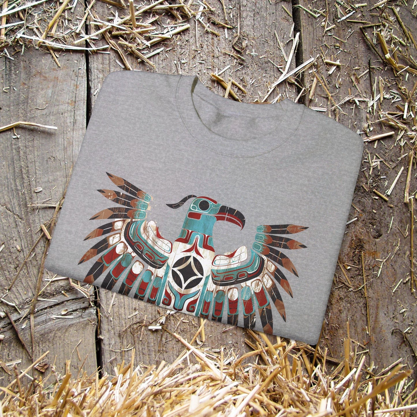 Native American Sweatshirt, Thunderbird Art Shirt, Indigenous Art, Hiking Sweat - FlooredByArt