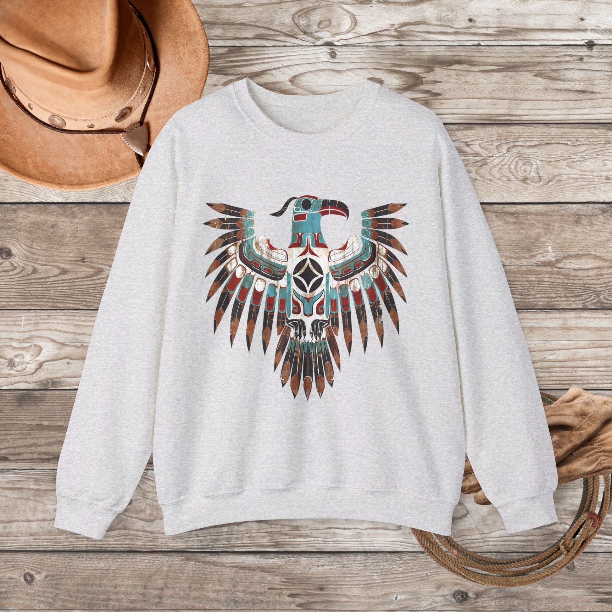 Native American Sweatshirt, Thunderbird Art Shirt, Indigenous Art, Hiking Sweat - FlooredByArt