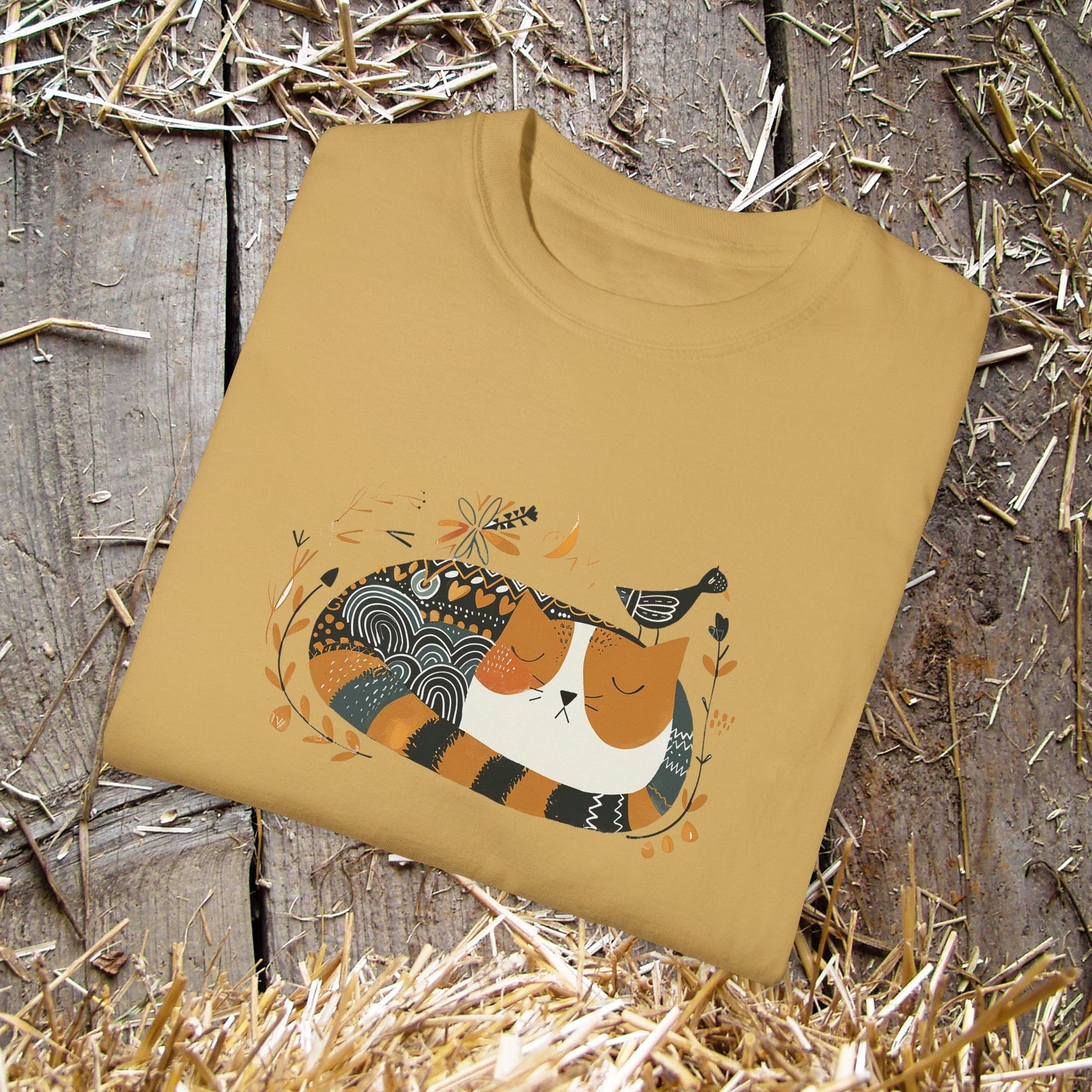 New Simple Cottagecore Cat - Birds Shirt, Folk Art Scandi Art T-Shirt - FlooredByArt