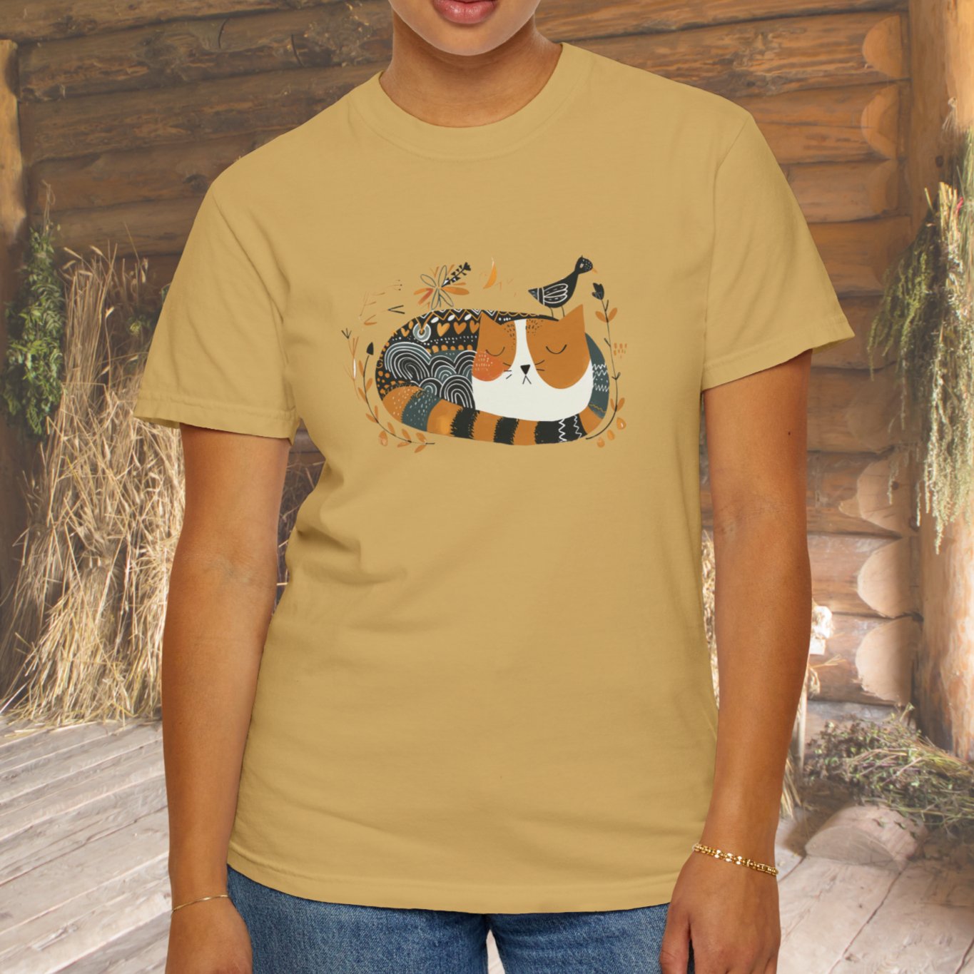 New Simple Cottagecore Cat - Birds Shirt, Folk Art Scandi Art T-Shirt - FlooredByArt