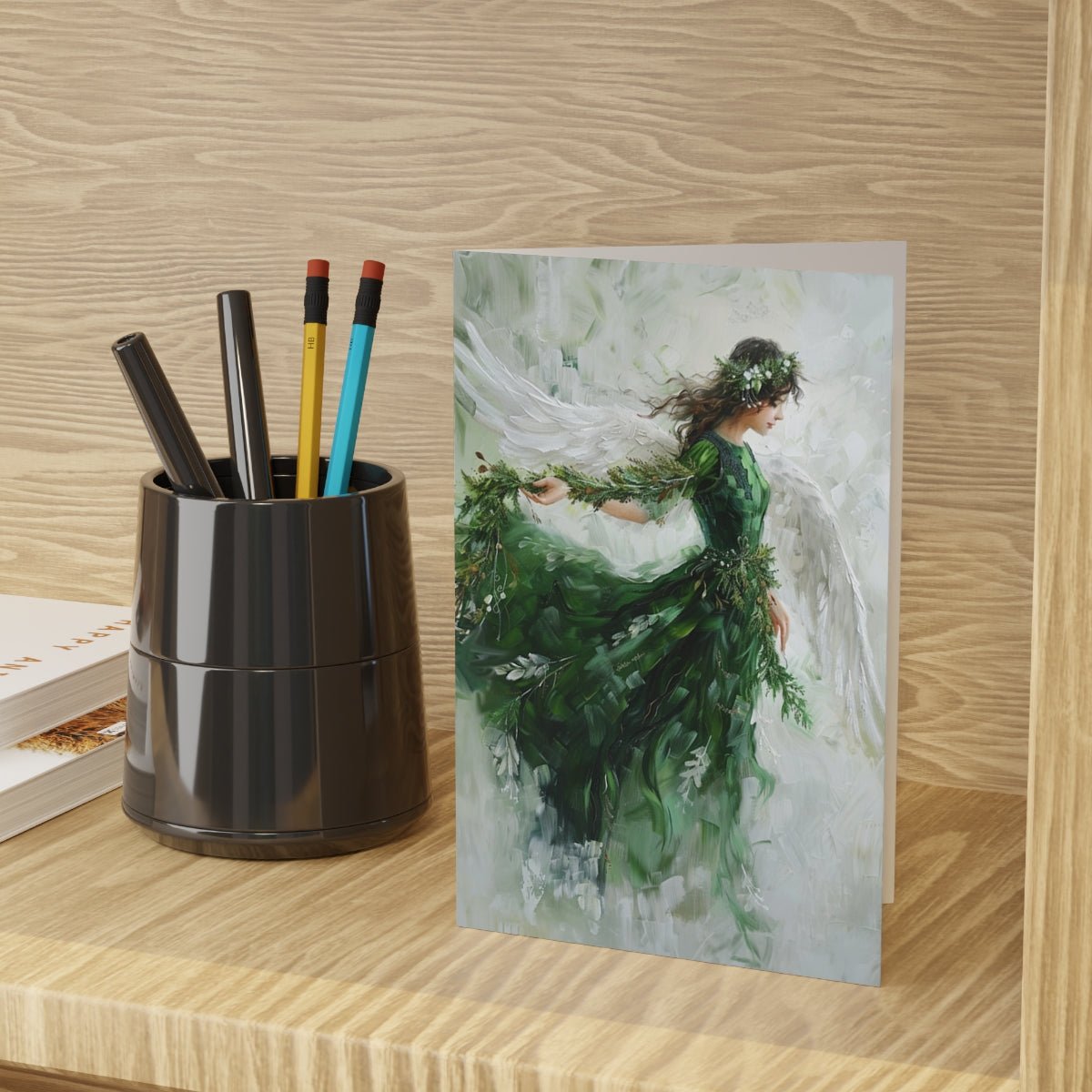 Original Artwork Forest Green Angel in Oils, Blank Christmas Cards - Set of 10 or 1 - FlooredByArt