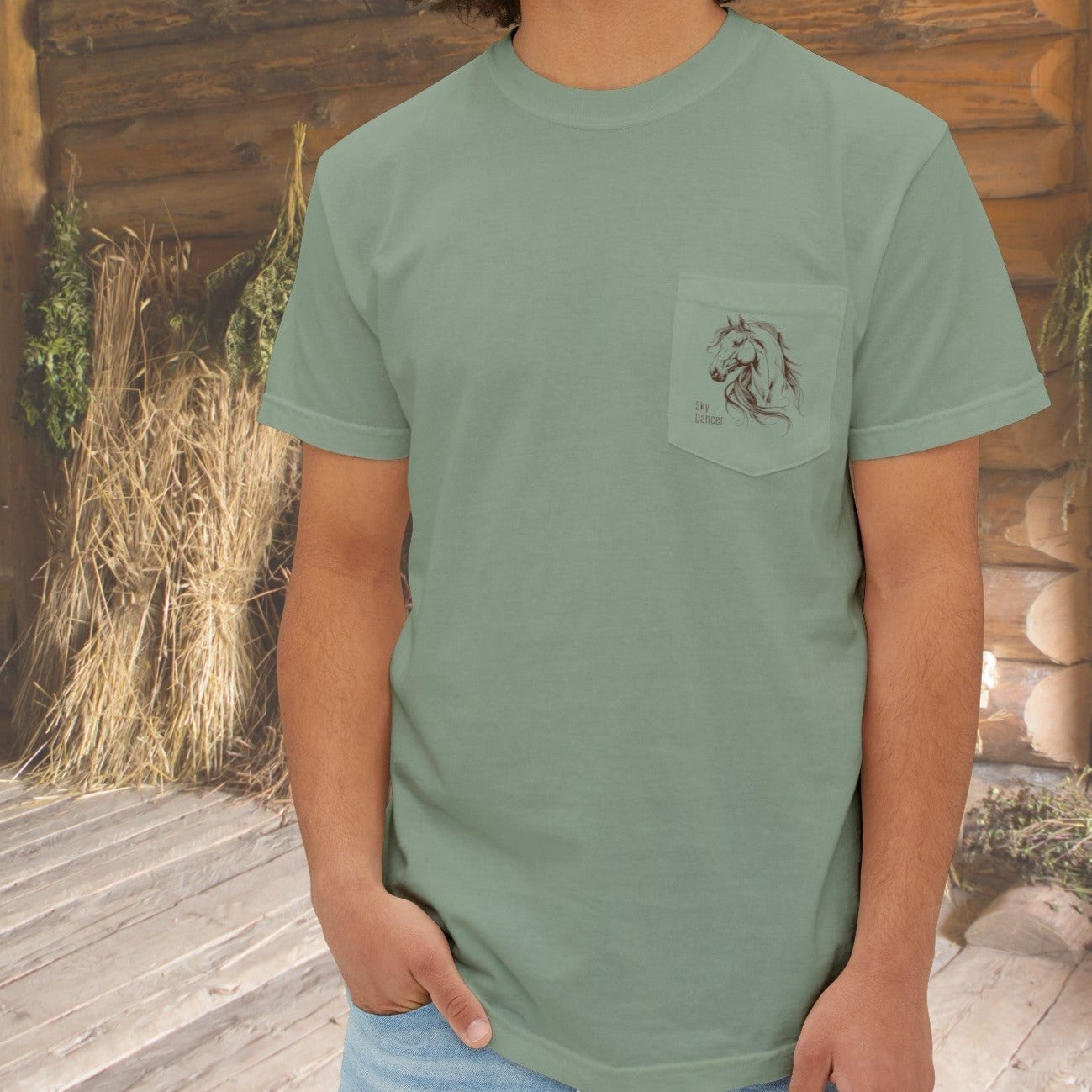 Original Horse Art Pocket T - shirt, Spirited Minimal Line Drawing Horse, Comfort Colors Tee - FlooredByArt