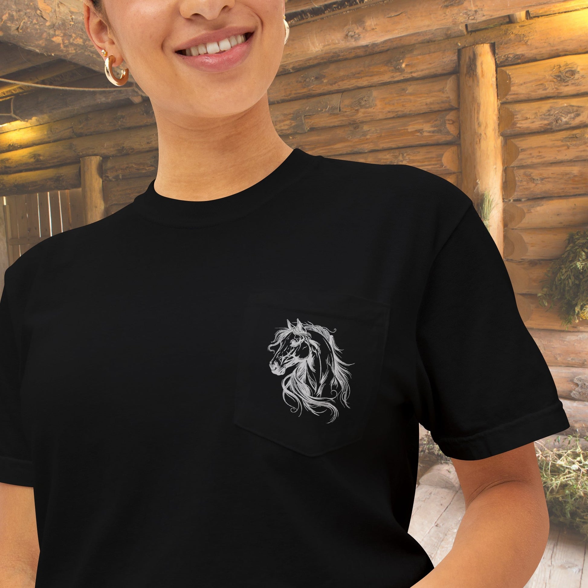 Original Horse Art Pocket T-shirt, Spirited Minimal Line Drawing Horse, Comfort Colors Tee, Unique Gift for Horse Loving Mom, Dad or Trainer - FlooredByArt