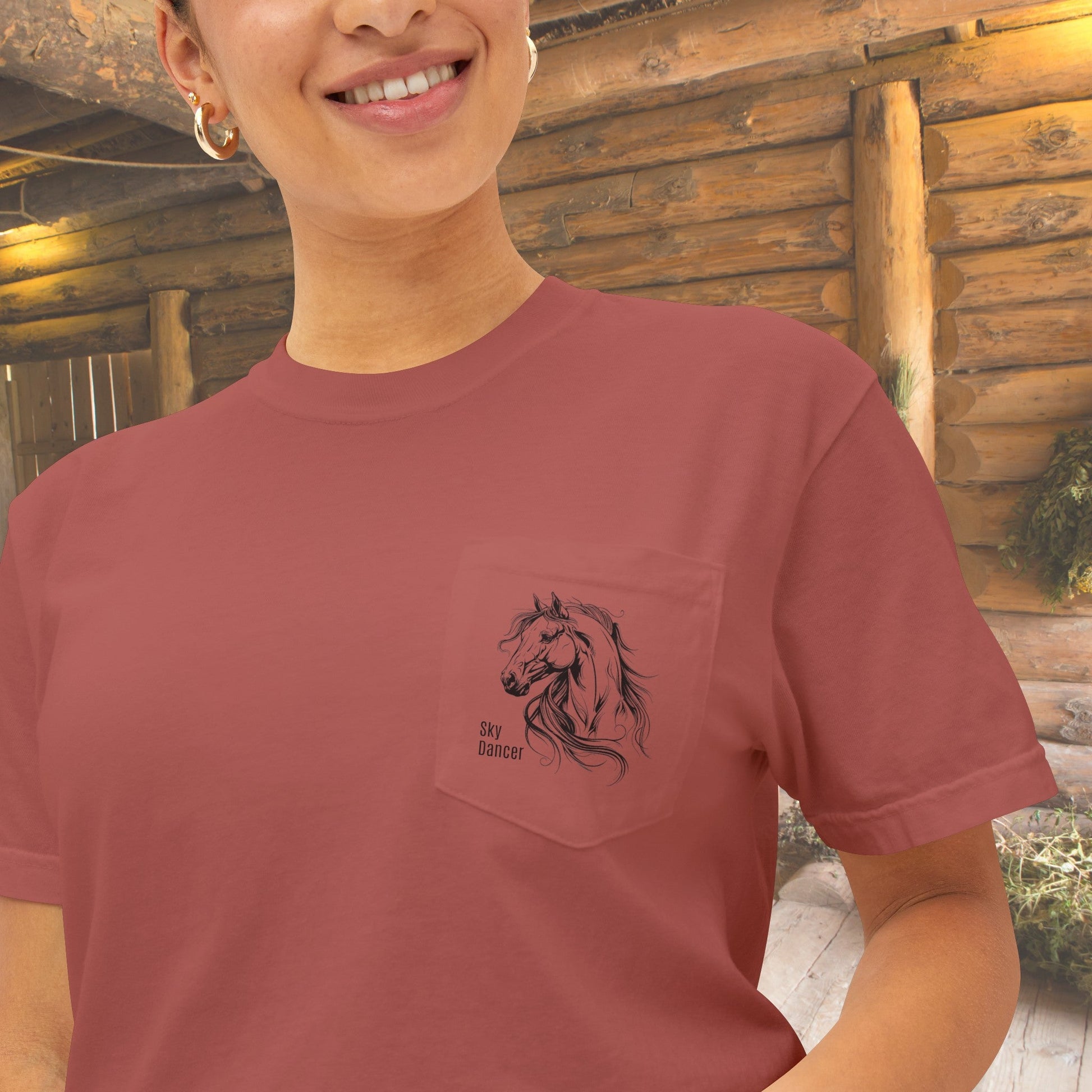 Original Horse Art Pocket T-shirt, Spirited Minimal Line Drawing Horse, Comfort Colors Tee, Unique Gift for Horse Loving Mom, Dad or Trainer - FlooredByArt