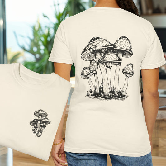 Original Mushroom Shirt, Line Drawing Comfort Colors Front / Back Design, 1960's Era Shroom - FlooredByArt