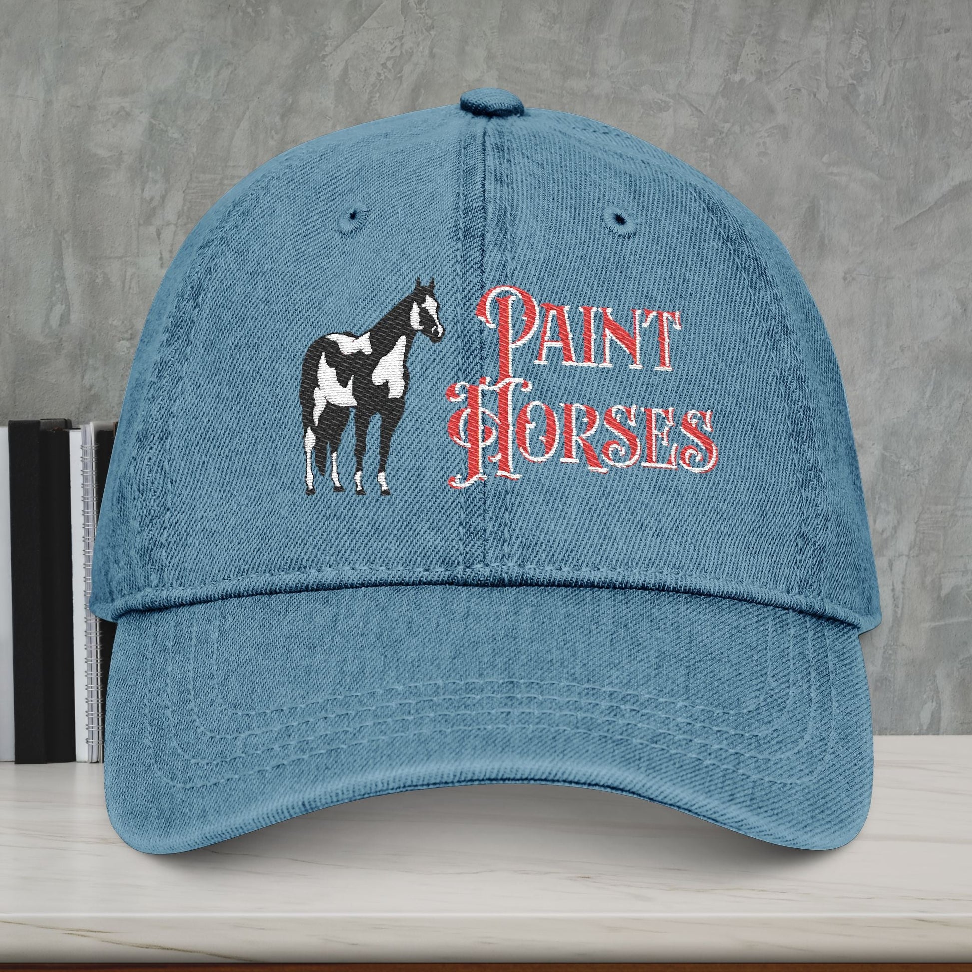 Paint Horse Embroidered Denim Hat – Western Style Trail Cap for Horse Lovers - FlooredByArt