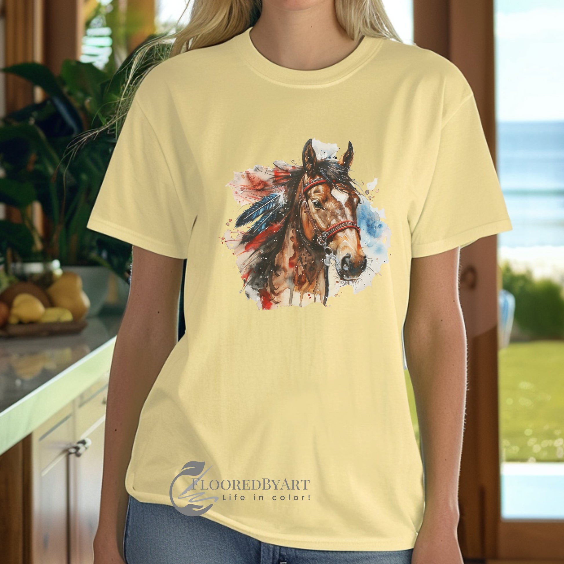 Patriotic Horse T-shirt, Comfort Color Tee, Cowgirl Spirit Horse With Feathers - FlooredByArt