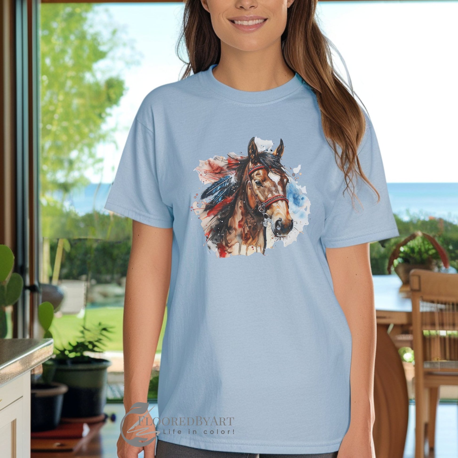 Patriotic Horse T-shirt, Comfort Color Tee, Cowgirl Spirit Horse With Feathers - FlooredByArt