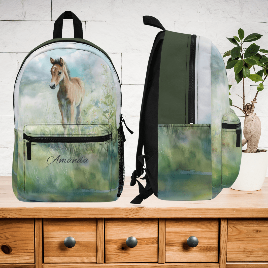 Personalized Baby Horse Backpack - Watercolor Foal in Wildflowers, Baby Horse - FlooredByArt