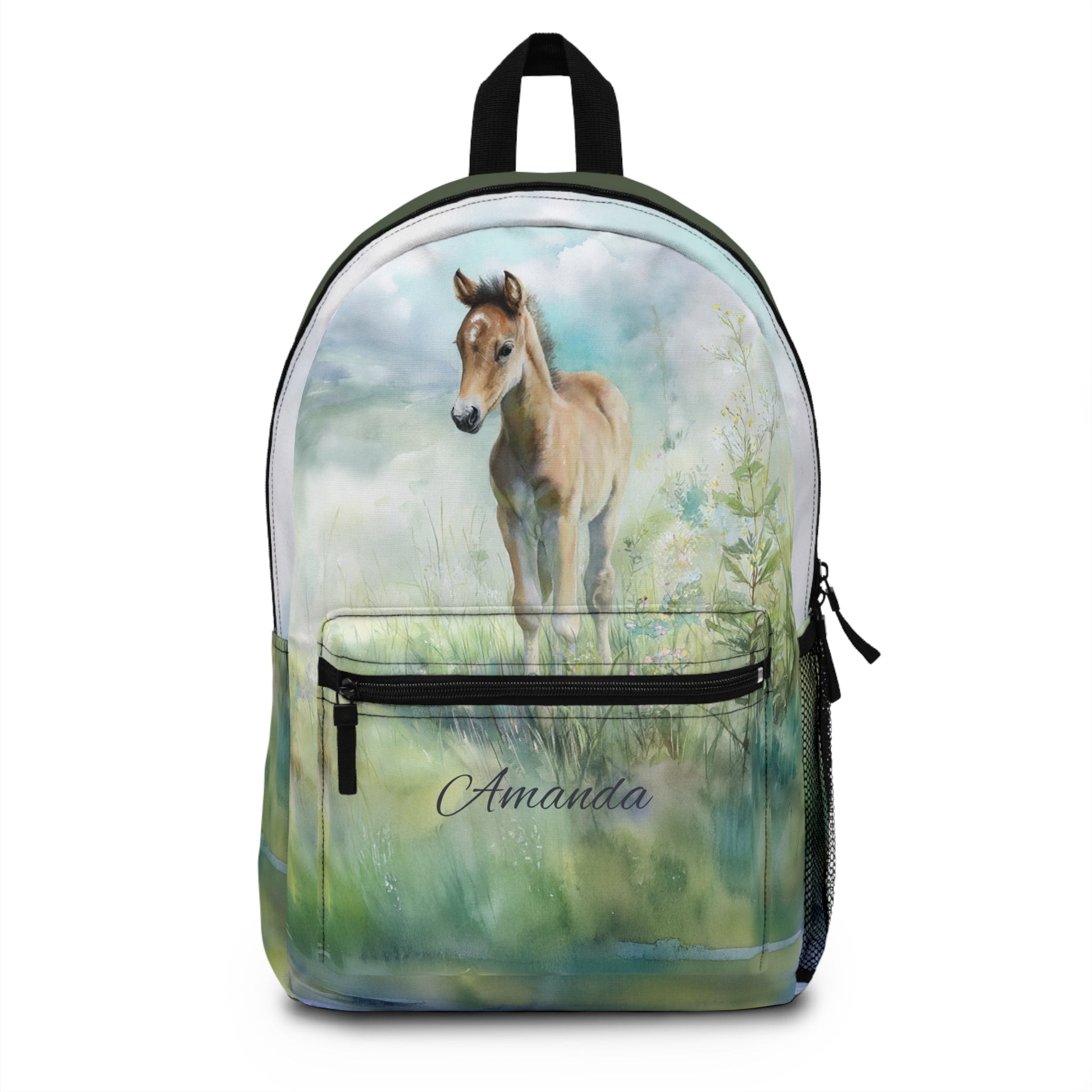 Personalized Baby Horse Backpack - Watercolor Foal in Wildflowers, Baby Horse - FlooredByArt