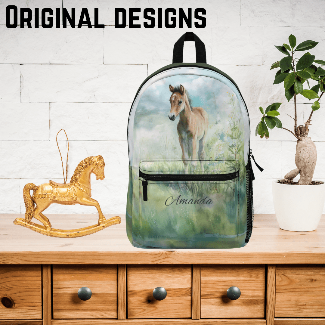 Personalized Baby Horse Backpack - Watercolor Foal in Wildflowers, Baby Horse - FlooredByArt