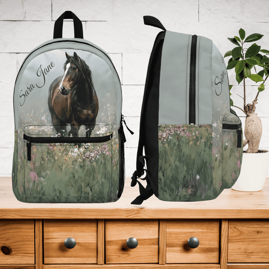 Personalized Bay Horse Backpack - Watercolor Horse with Blaze in Wildflowers, Equestrian School Bag - FlooredByArt
