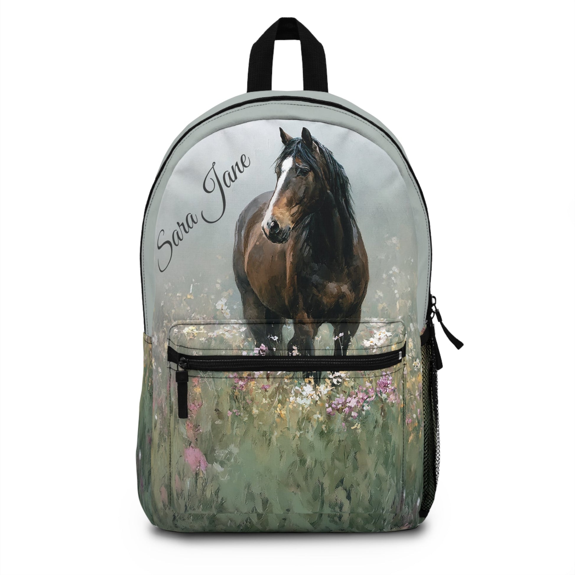 Personalized Bay Horse Backpack - Watercolor Horse with Blaze in Wildflowers, Equestrian School Bag - FlooredByArt