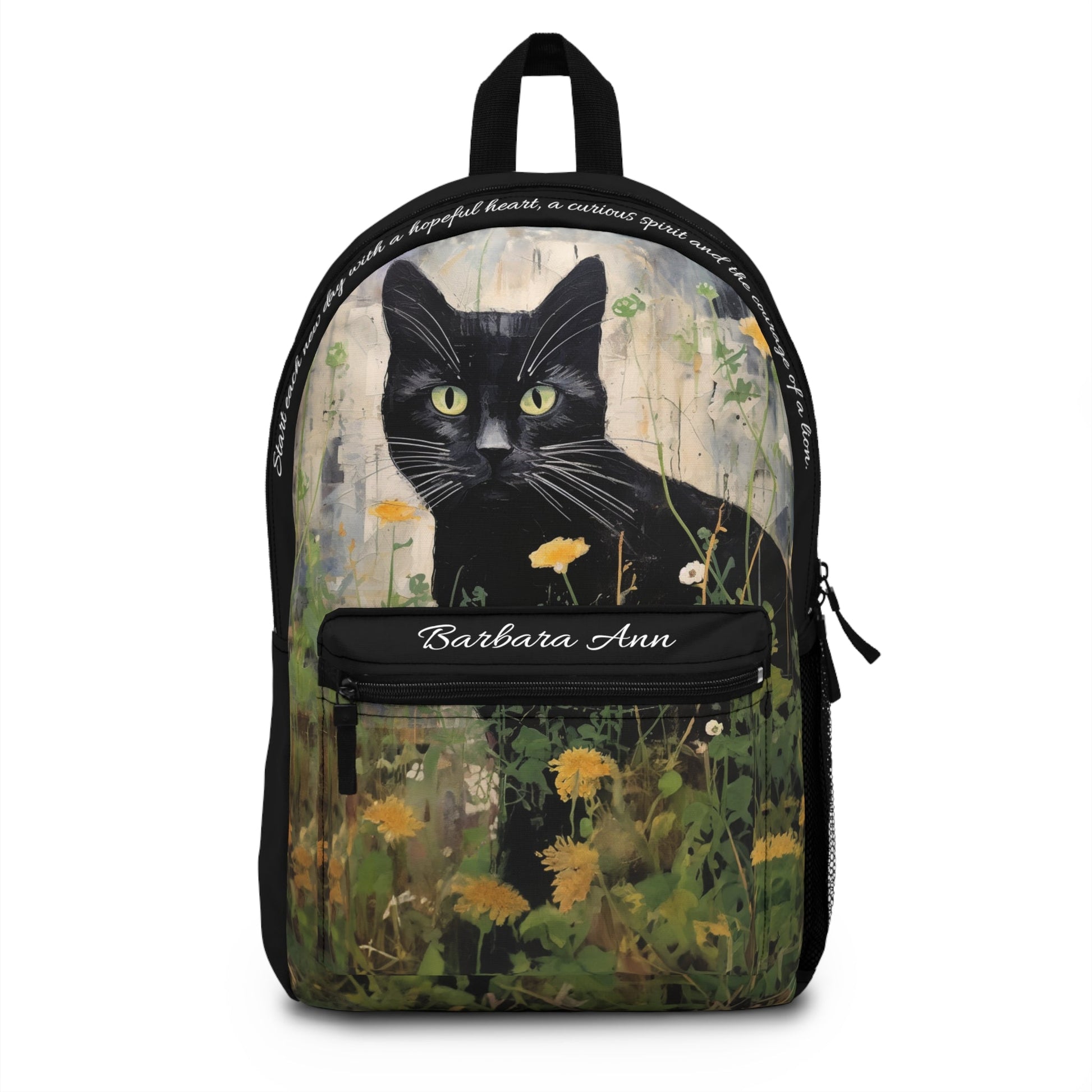 Personalized Black Cat Lover's Backpack, Customizable Bookbag with Original Artwork Design - FlooredByArt