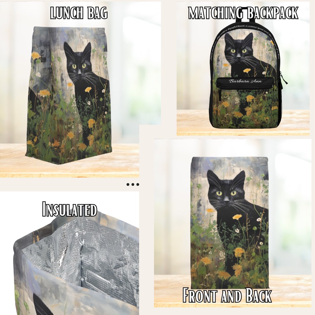 Personalized Black Cat Lover's Backpack, Customizable Bookbag with Original Artwork Design - FlooredByArt