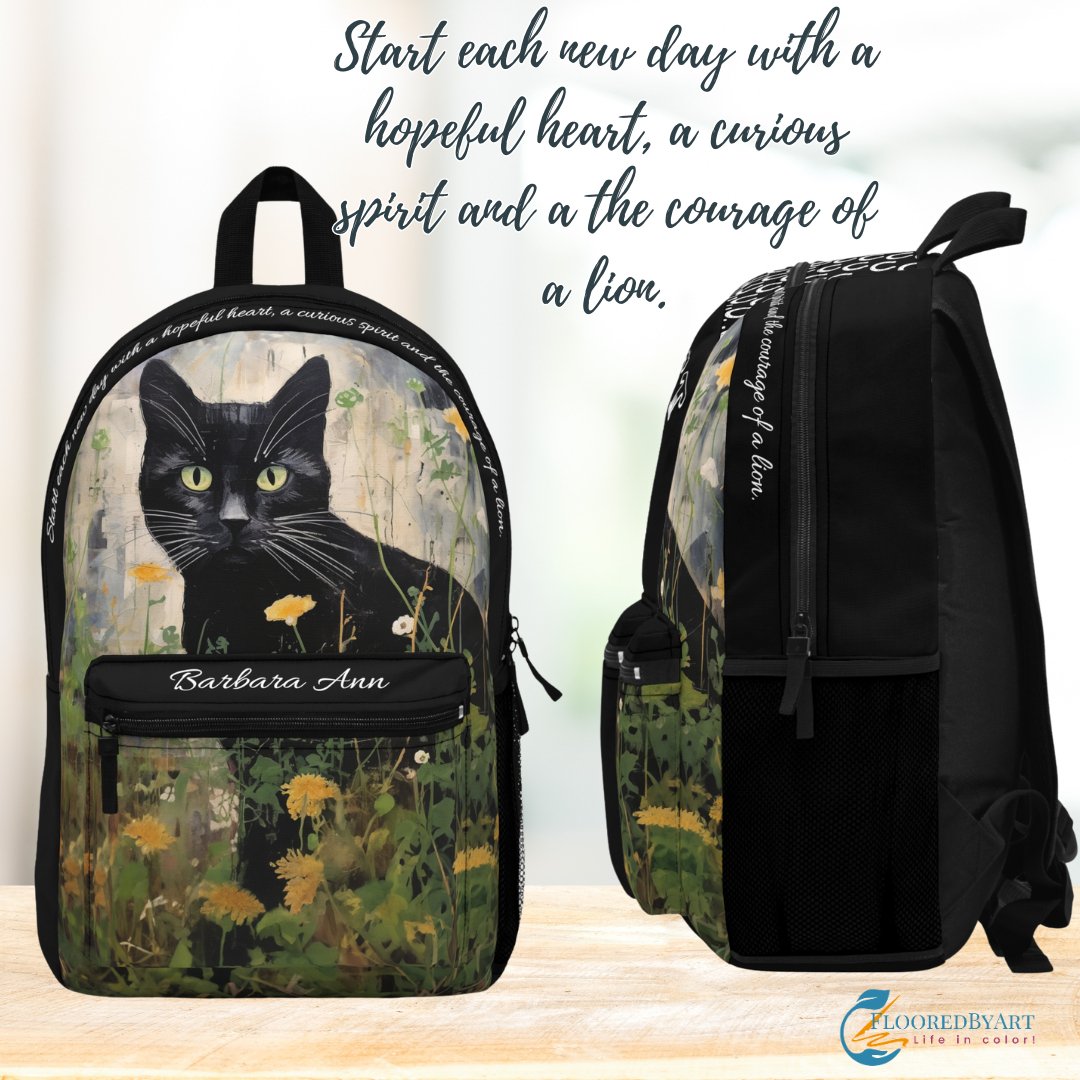 Personalized Black Cat Lover's Backpack, Customizable Bookbag with Original Artwork Design - FlooredByArt