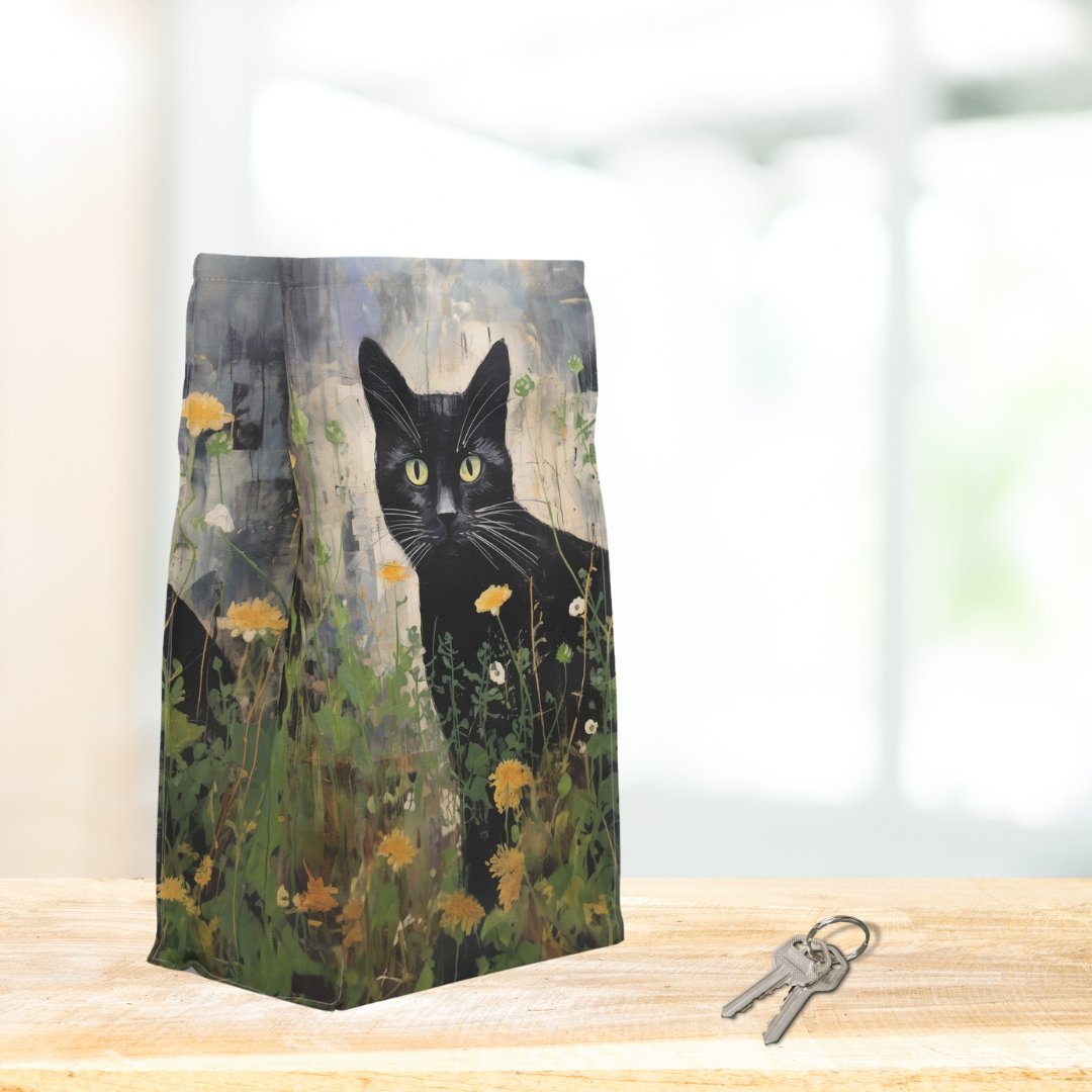 Personalized Black Cat Lover's Insulated Lunch Bag, Magnet Closure, Original Artwork Design - FlooredByArt