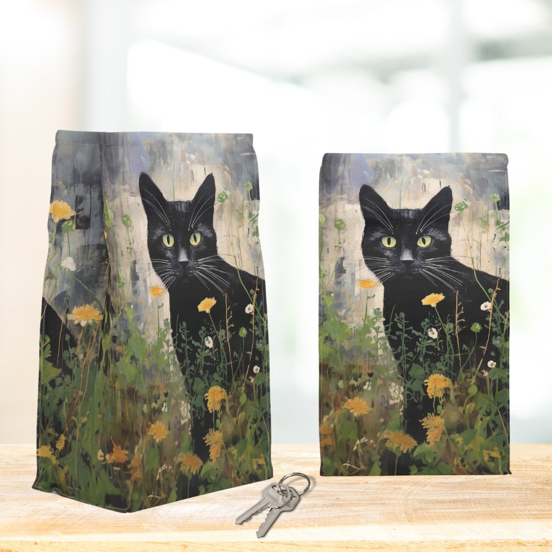 Personalized Black Cat Lover's Insulated Lunch Bag, Magnet Closure, Original Artwork Design - FlooredByArt