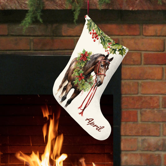Personalized Christmas Brown Horse Stocking, USA Printed, Holiday Gift for Horse Lover - FlooredByArt