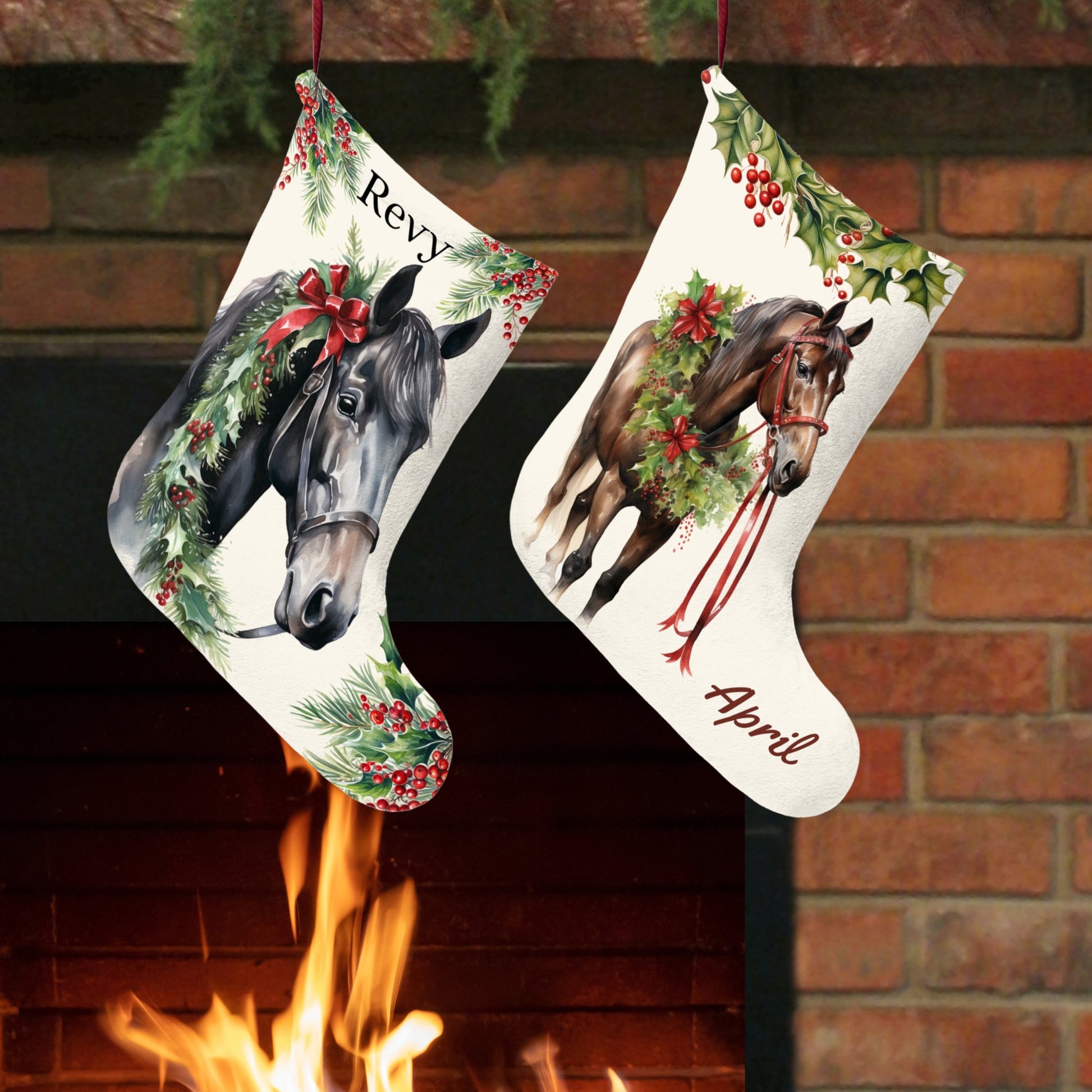 Personalized Christmas Brown Horse Stocking, USA Printed, Holiday Gift for Horse Lover - FlooredByArt