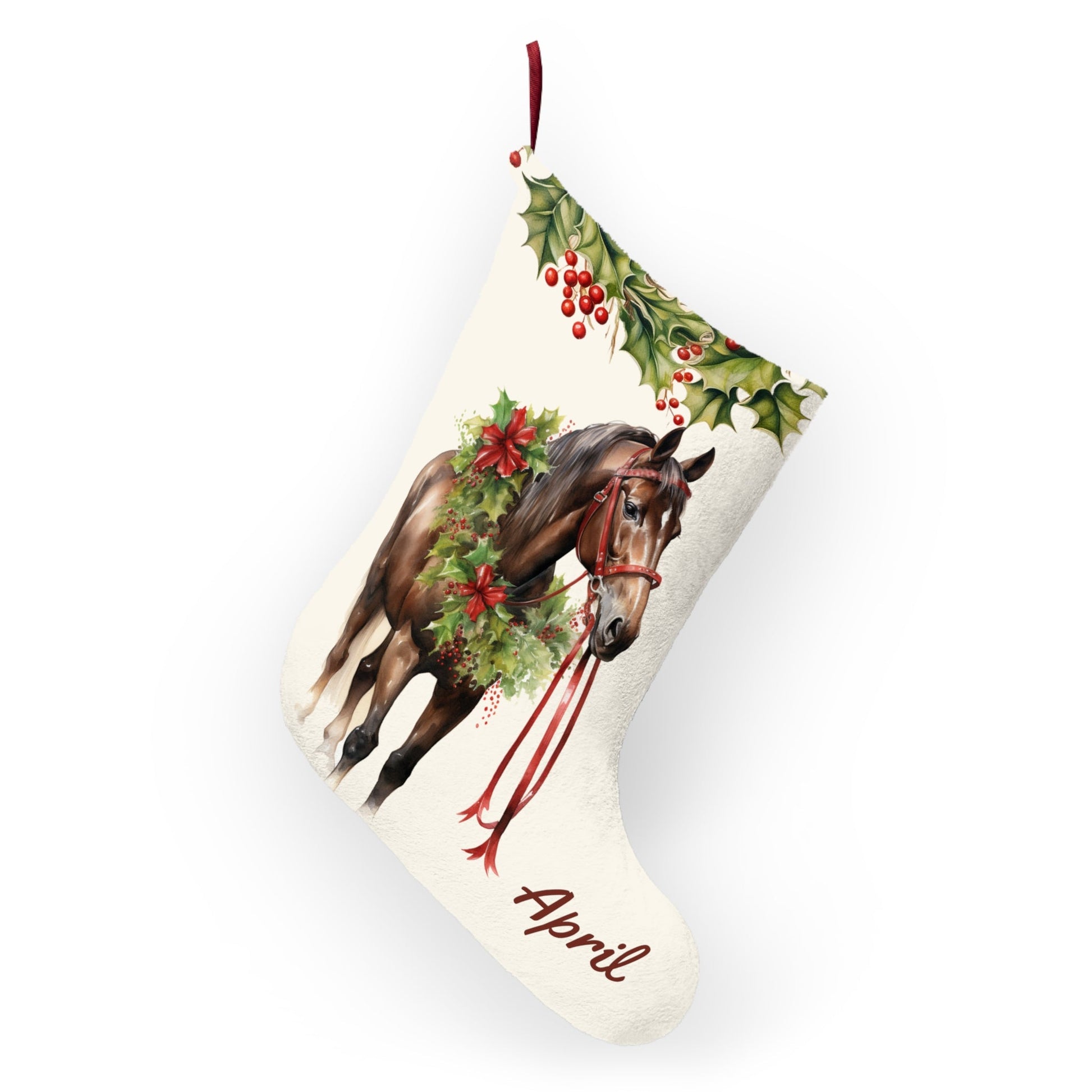 Personalized Christmas Brown Horse Stocking, USA Printed, Holiday Stocking, Family Christmas Gift Decor, Unique Gift Idea, Horse Lover - FlooredByArt